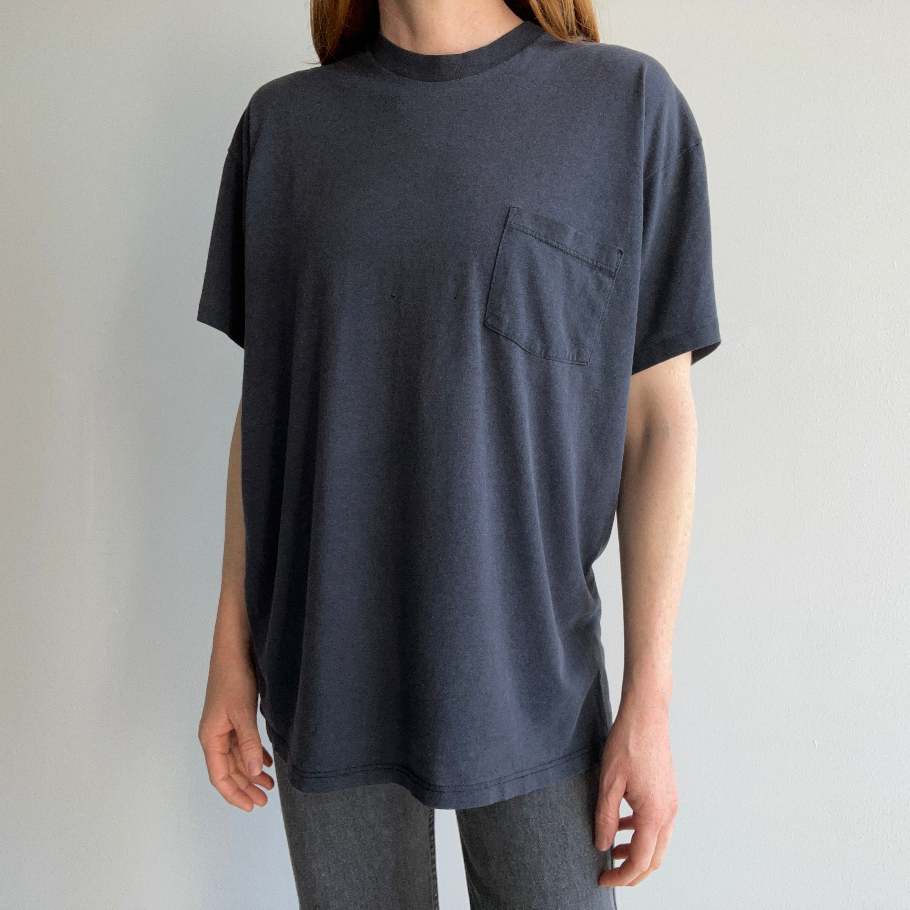 1990s Soft, Thin, Slouchy, Worn, Rad, Black/Gray/Navy Pocket T-shirt