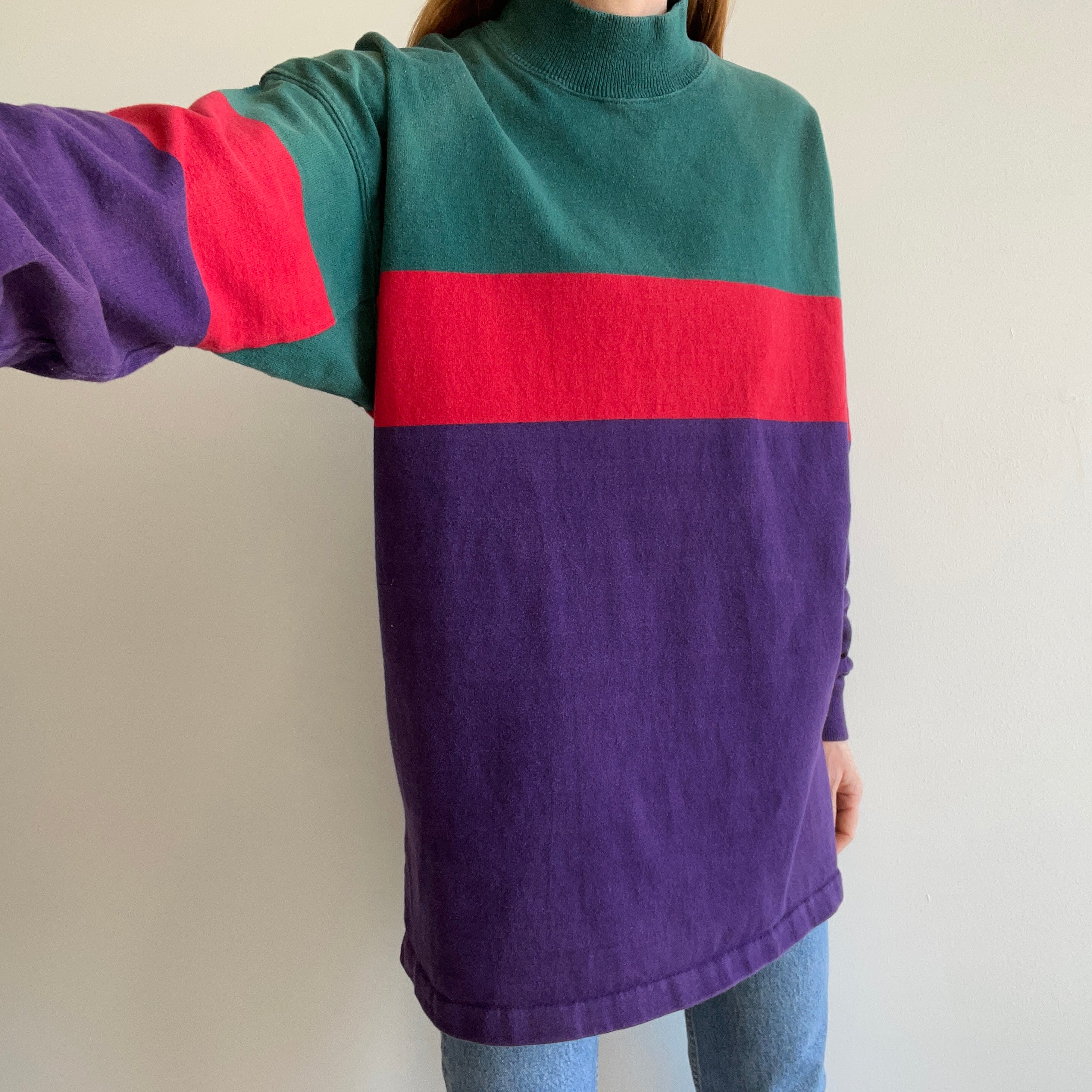 1980/90s USA Made L.L. Bean Cotton Rugby Weighted Color Block Mock Neck