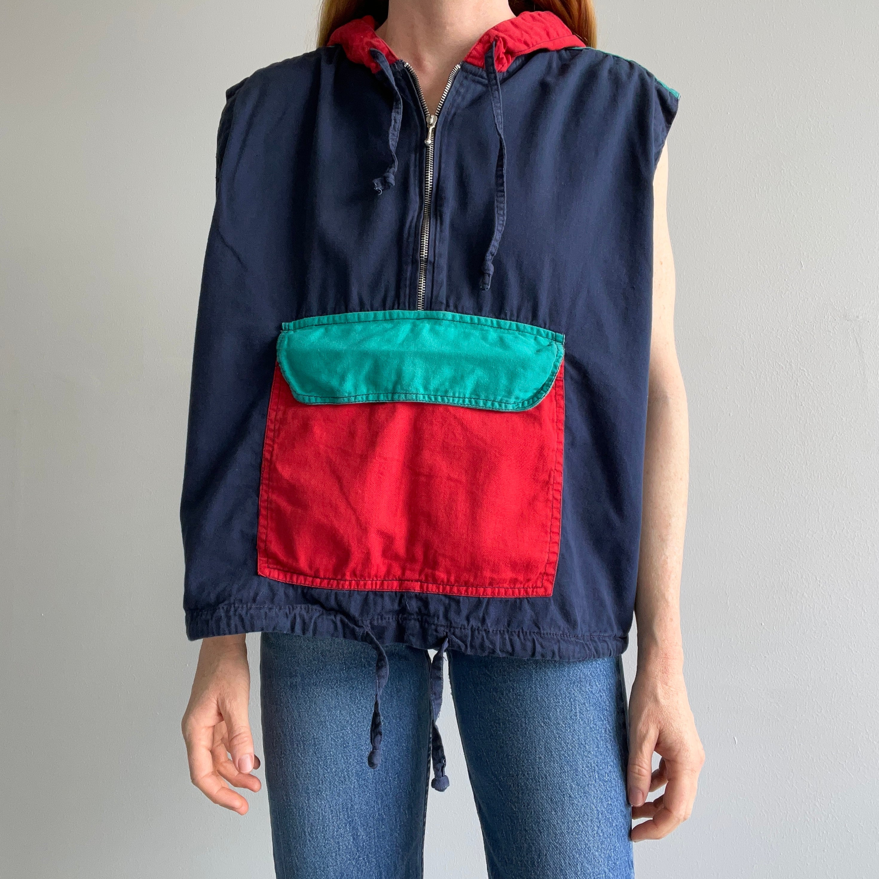 1990s Cotton Color Block 1/4 Zip Hoodie Vest