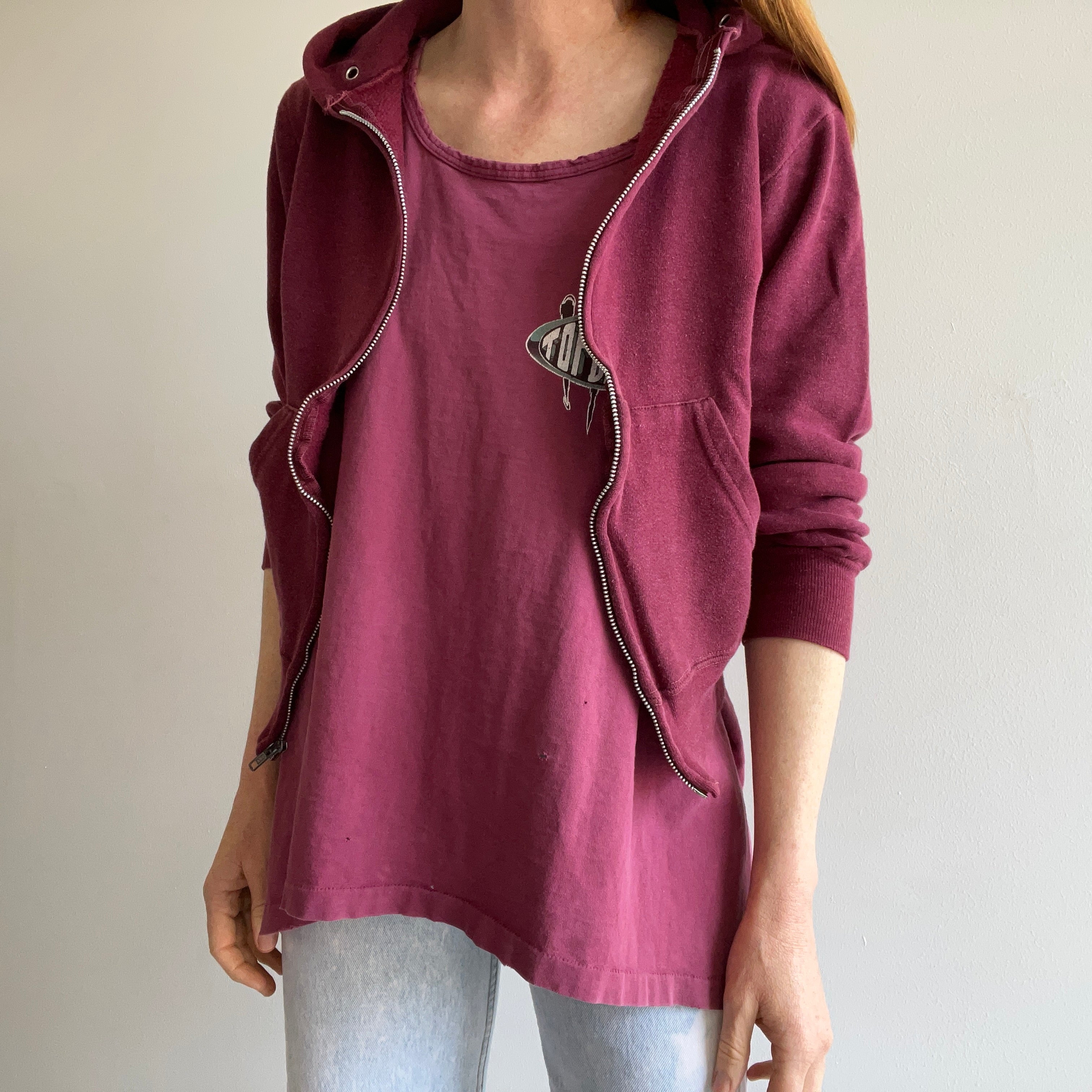 1980s Soft and Slouchy Burgundy Zip Up Hoodie