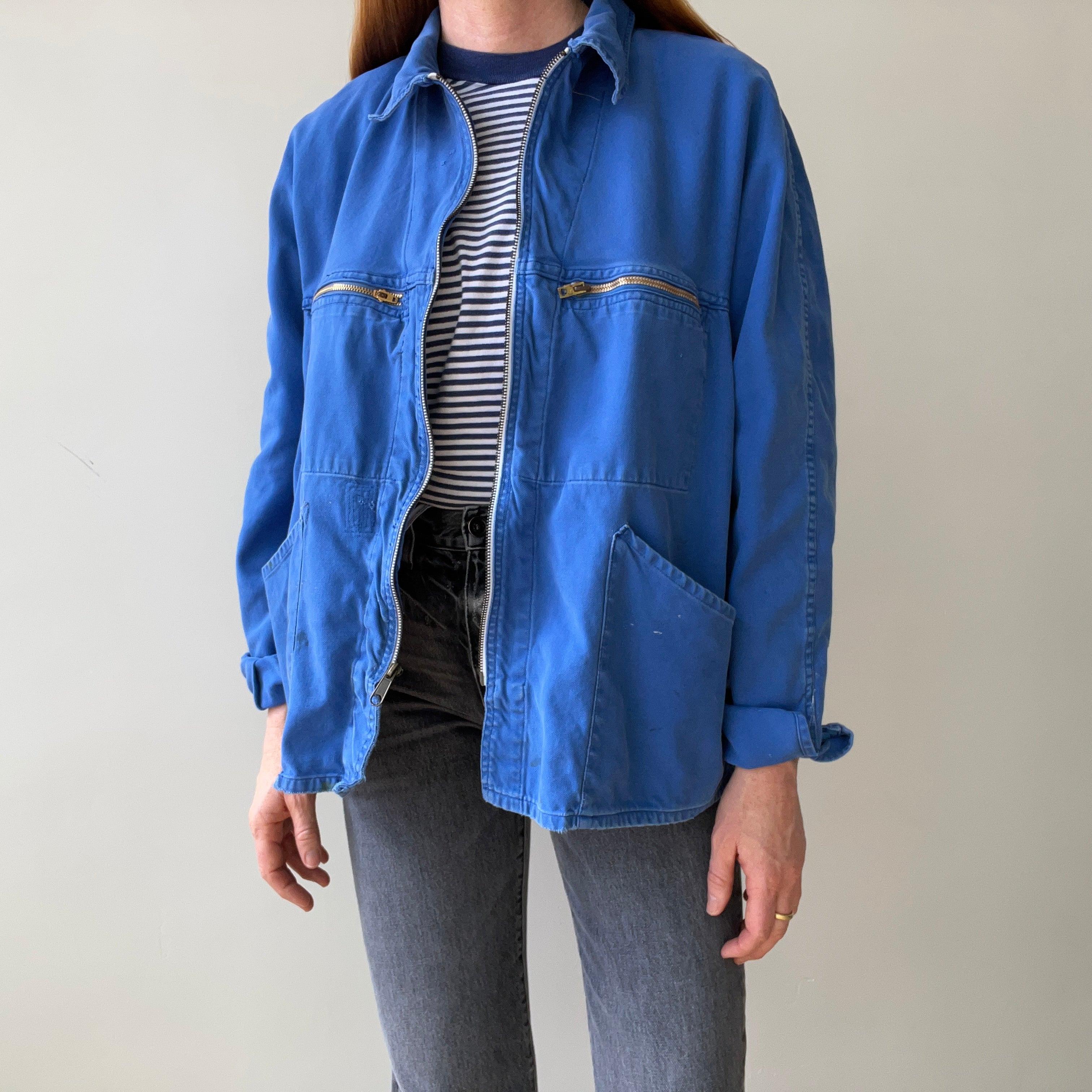 1970s Rare Aldophe Laporte Drop Shoulder Chore Coat with Mending and Replaced Zip