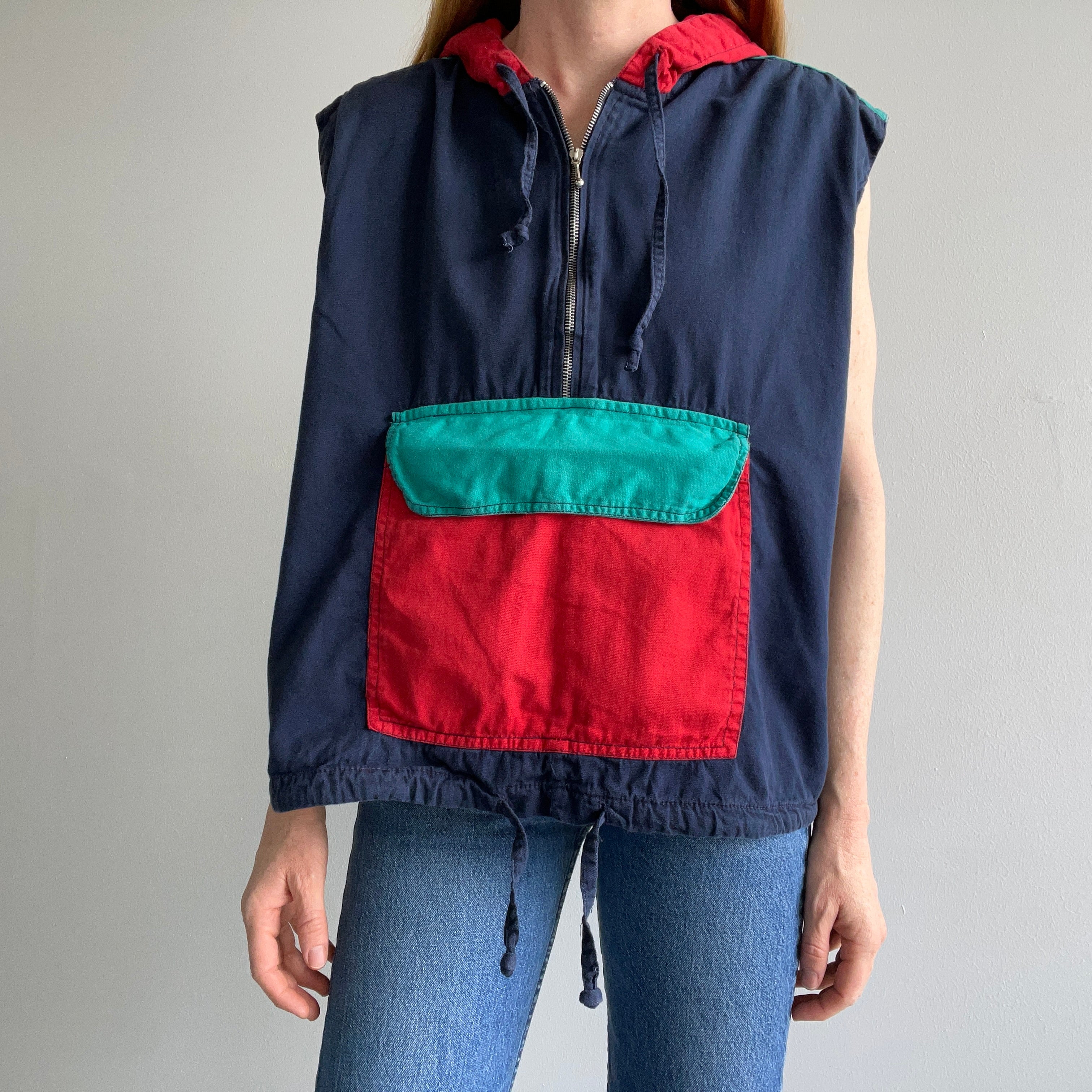 1990s Cotton Color Block 1/4 Zip Hoodie Vest