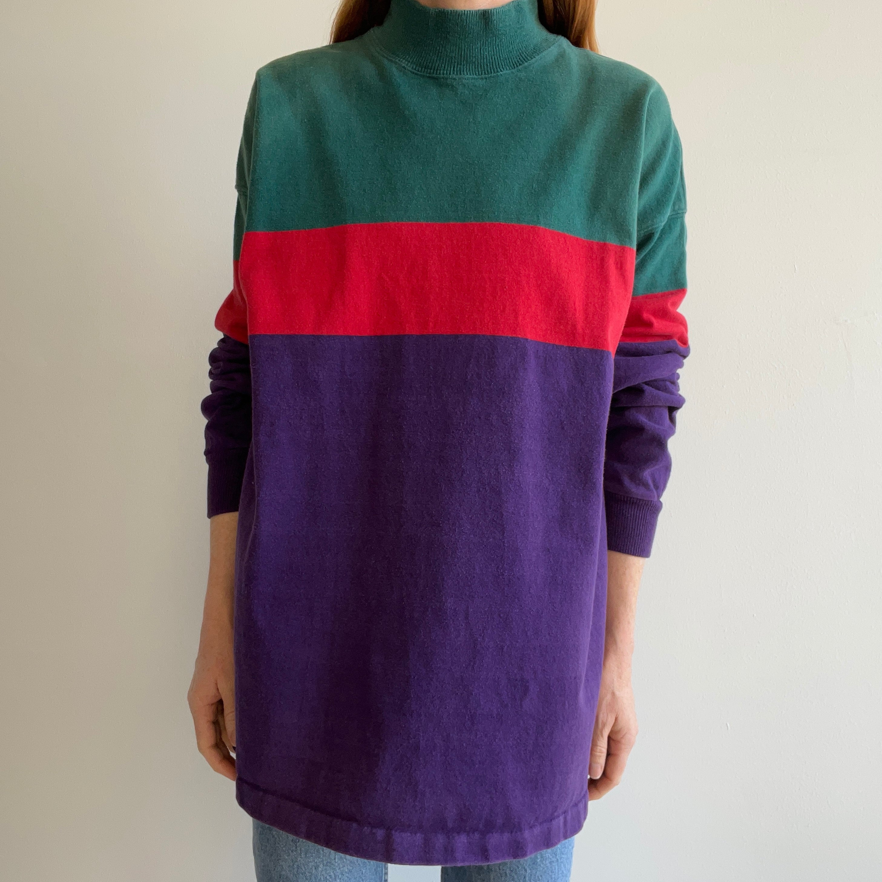 1980/90s USA Made L.L. Bean Cotton Rugby Weighted Color Block Mock Neck