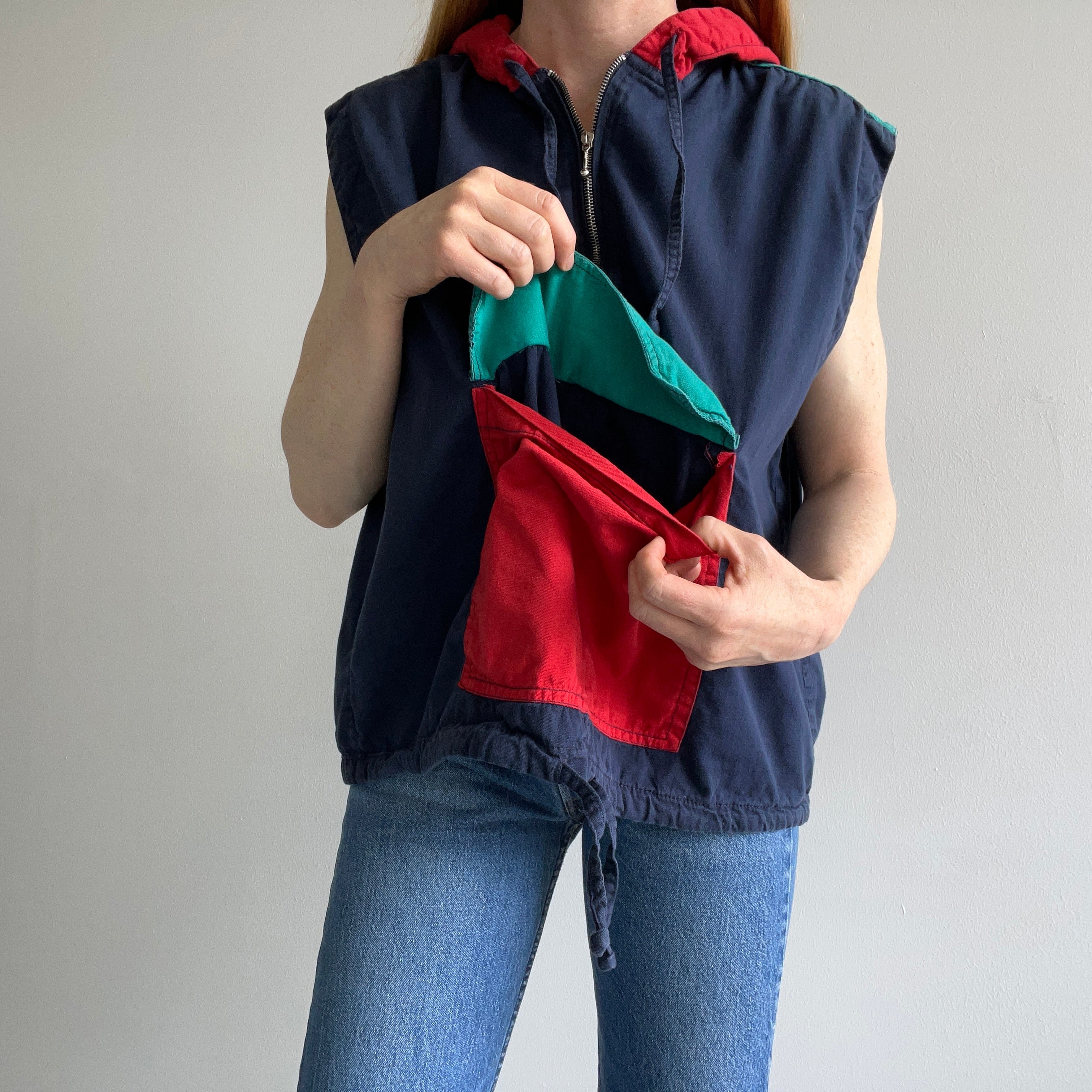 1990s Cotton Color Block 1/4 Zip Hoodie Vest