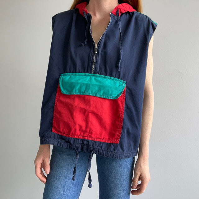 1990s Cotton Color Block 1/4 Zip Hoodie Vest