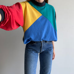 1980s Thin and Slouchy Color Block Mock Neck Sweatshirt (Lightweight)