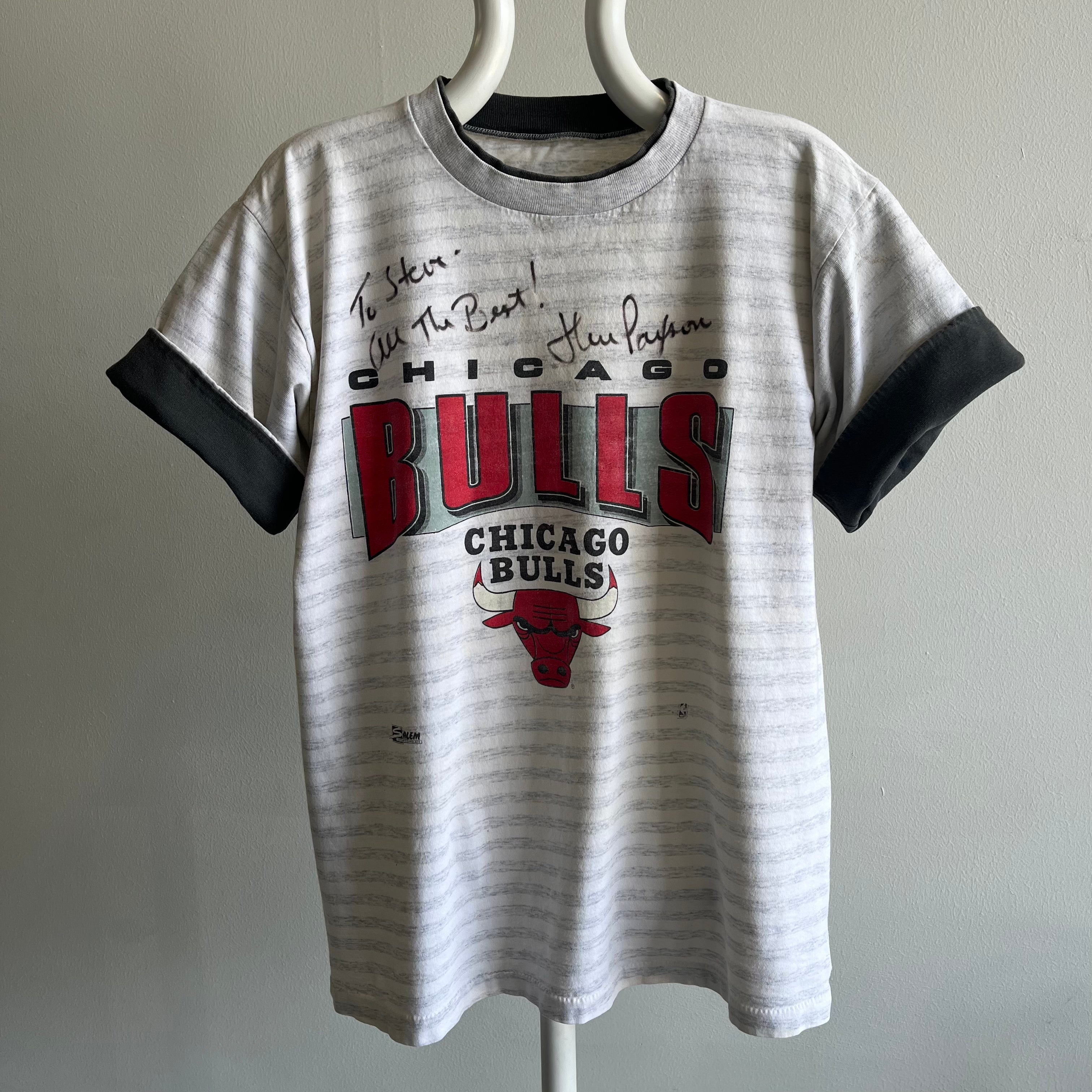 1990s Chicago Bears Signed by Jim Paxson T-Shirt with Stains
