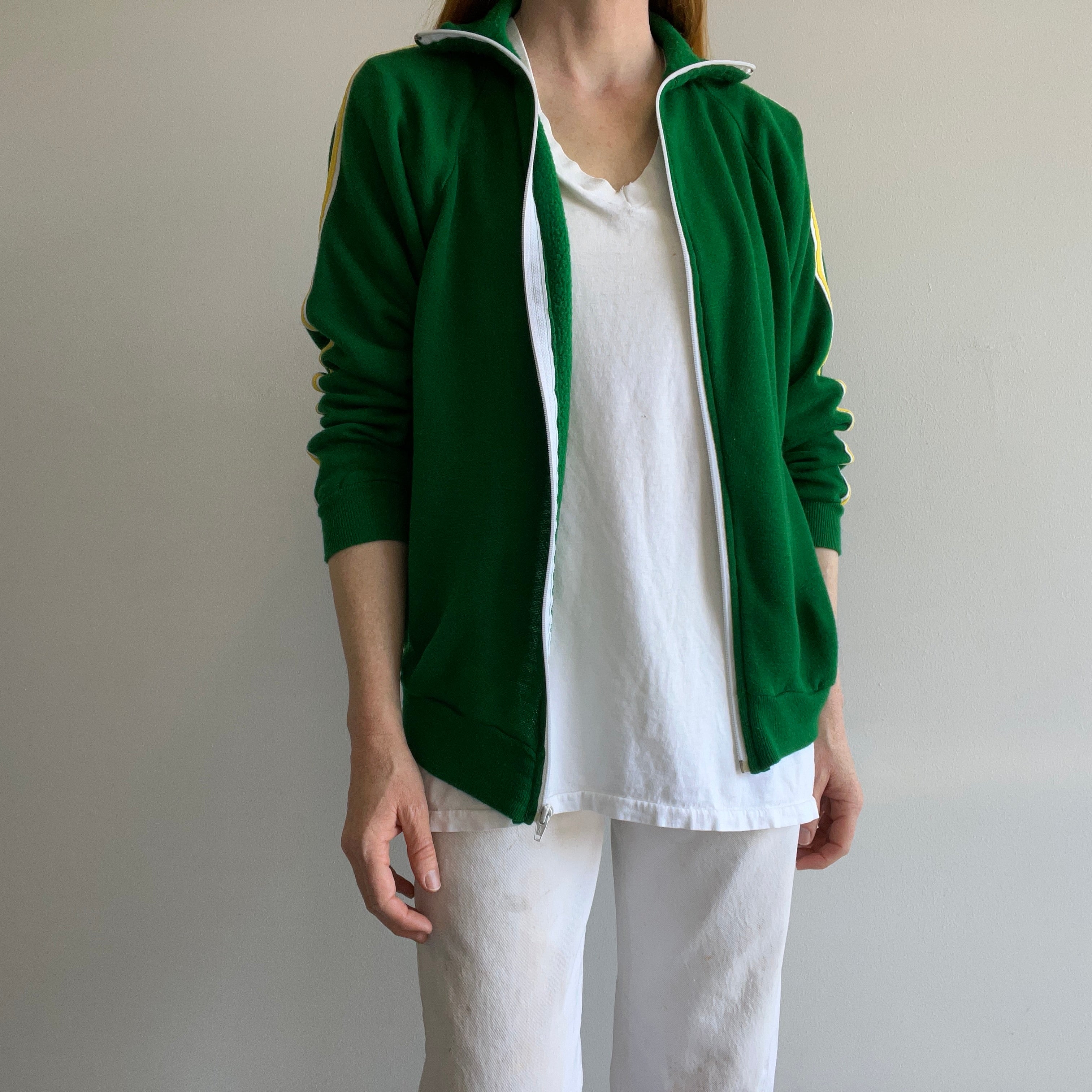 1970s Kelly Green Super Soft Side Striped Zip Up by Warm UP