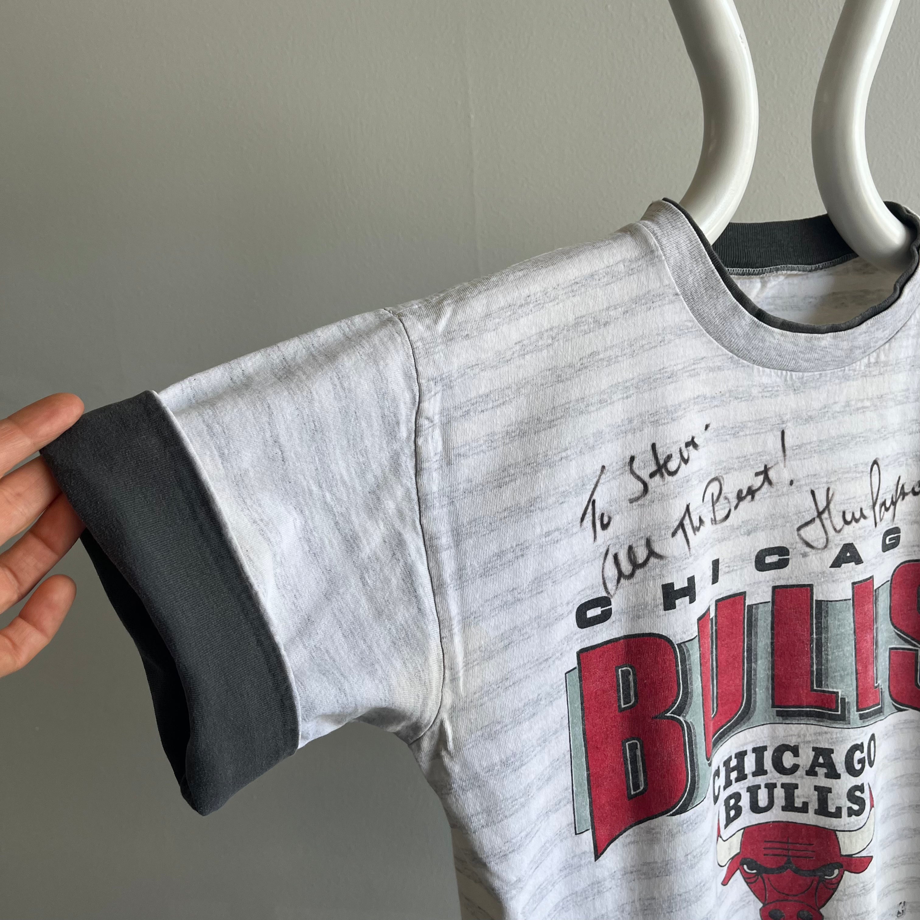 1990s Chicago Bears Signed by Jim Paxson T-Shirt with Stains – Red