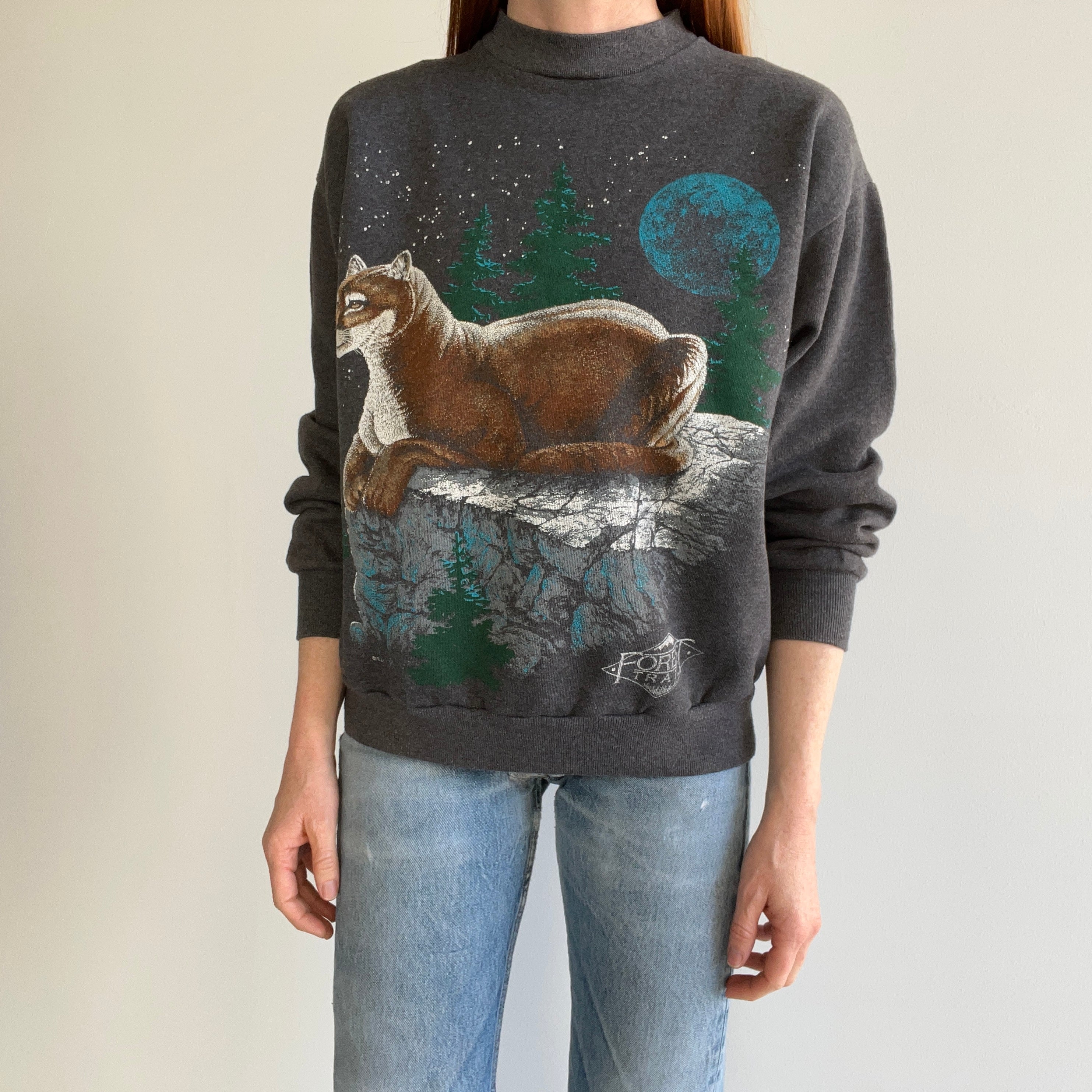 1980s Never (?) Worn Forest Trails Mountain Lion Mock Neck Fleecy Cozy Slouchy WOnderful Sweatshirt - Worth the Mouthful of a Title