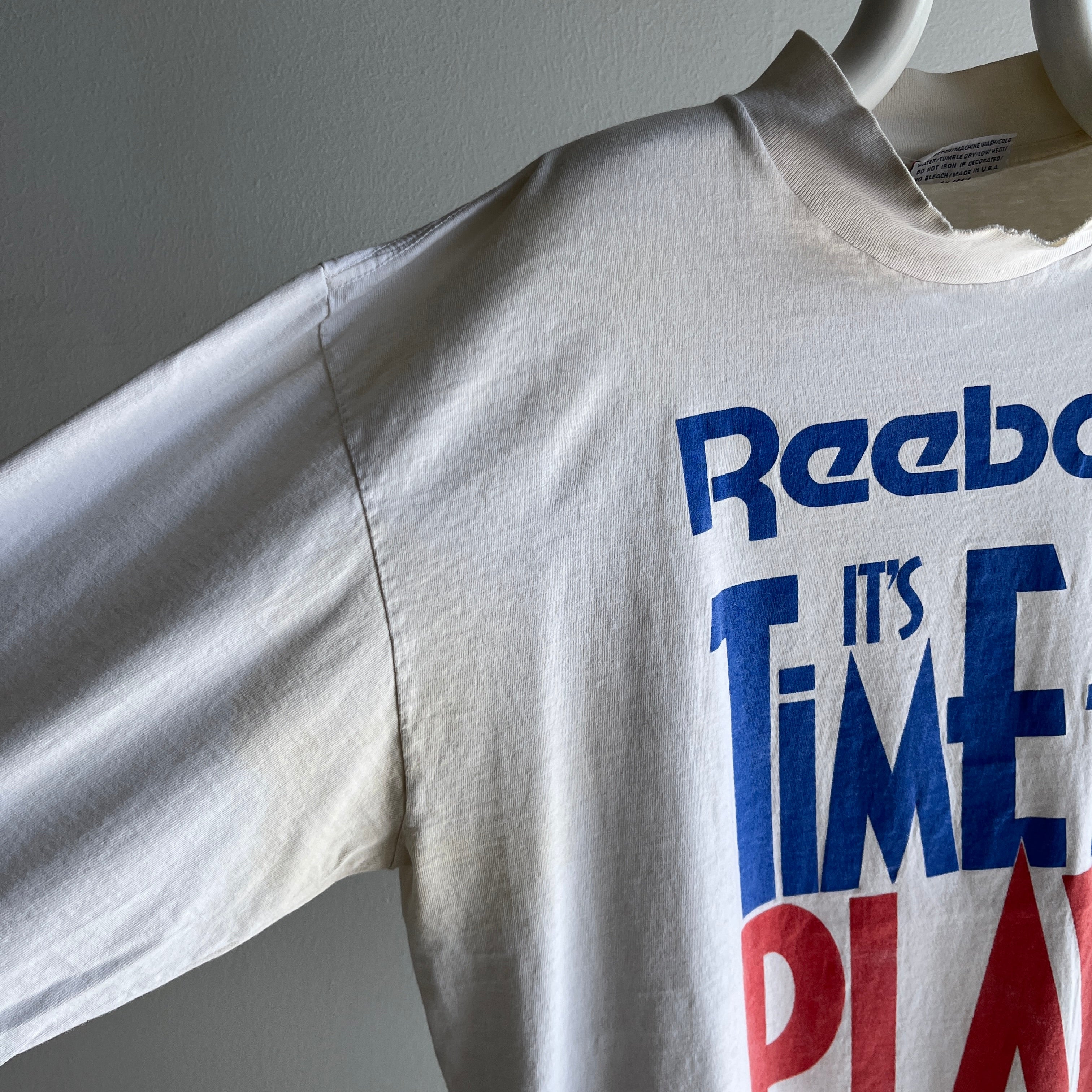 1980s Reebox - It's Time To Play Mock Neck Worn Out Long Sleeve T-Shirt