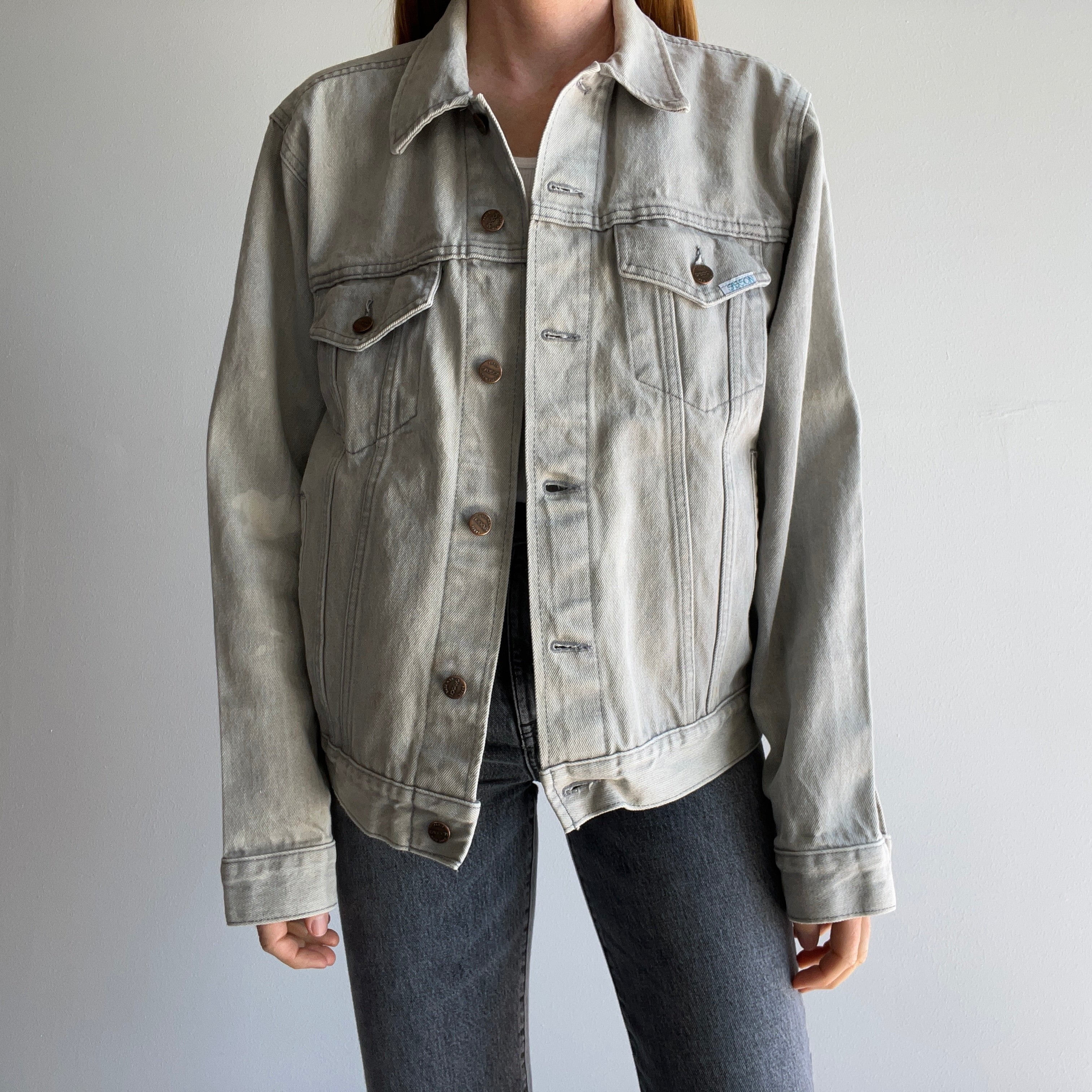 1980s Light Gray Bleach Stained Sasson Denim Jean Jacket - USA Made