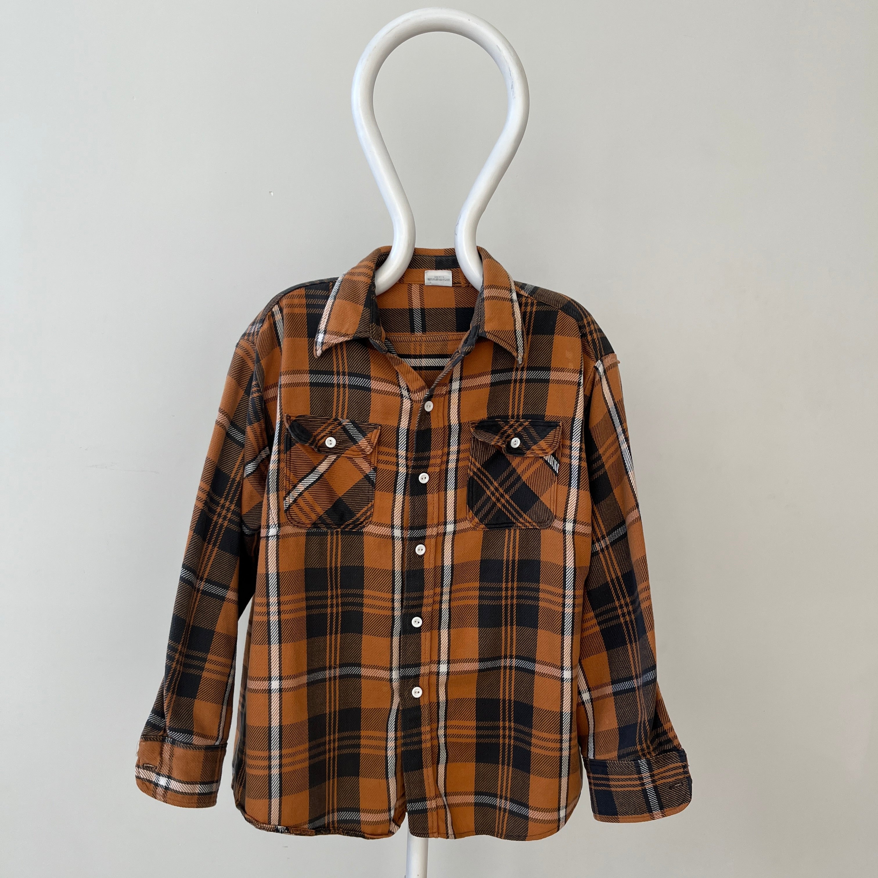 1980s Rust Plaid Cotton Repaired Button Up Shirt with Mending