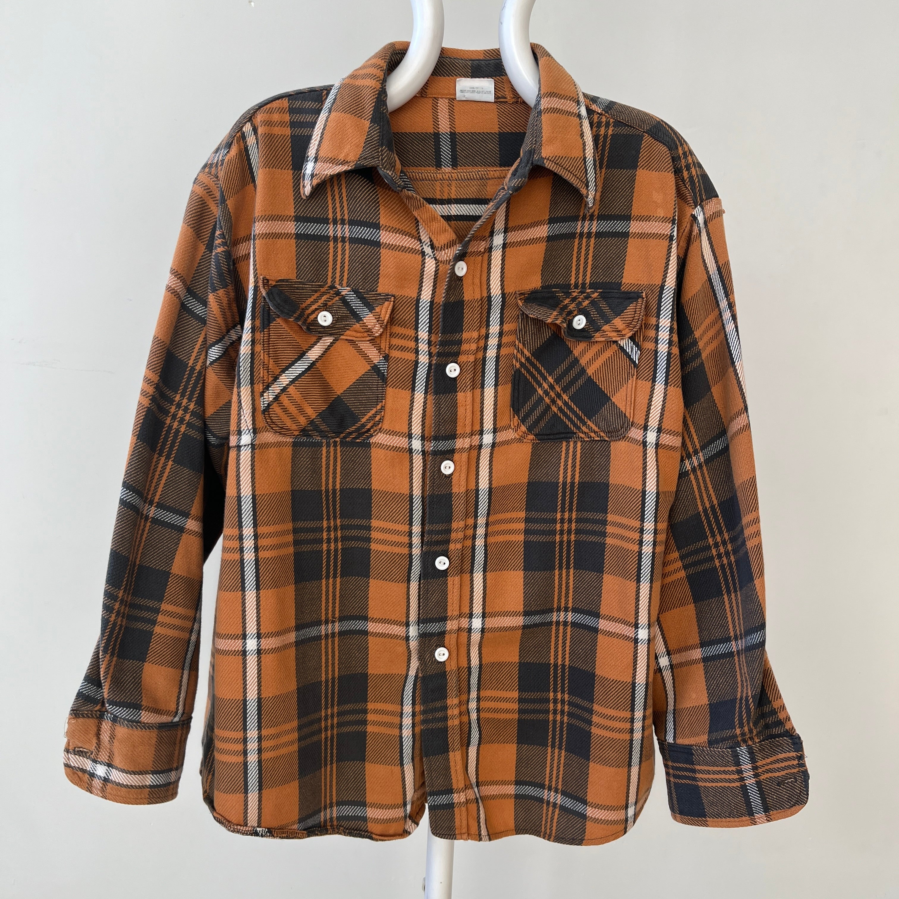 1980s Rust Plaid Cotton Repaired Button Up Shirt with Mending