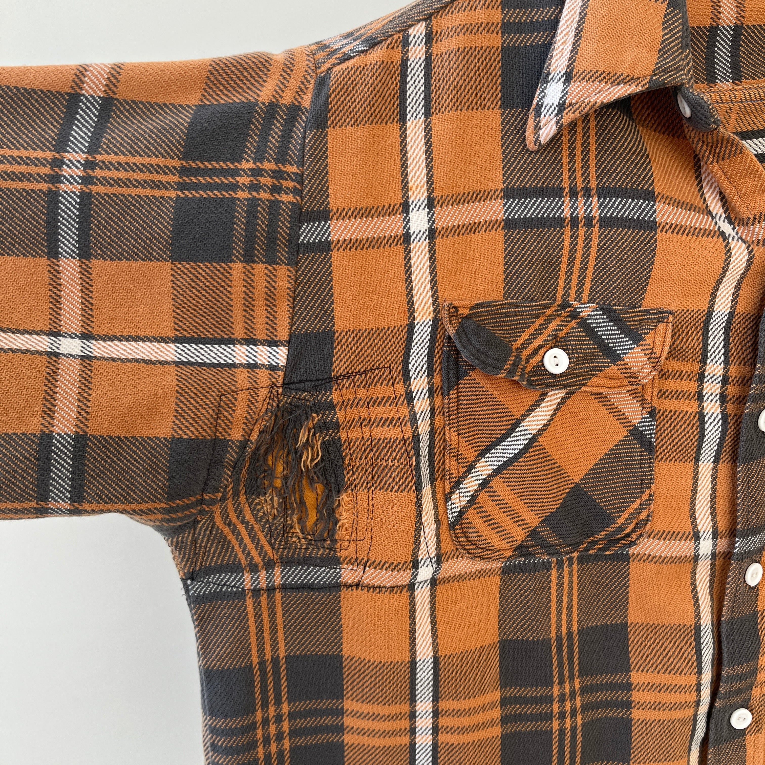 1980s Rust Plaid Cotton Repaired Button Up Shirt with Mending