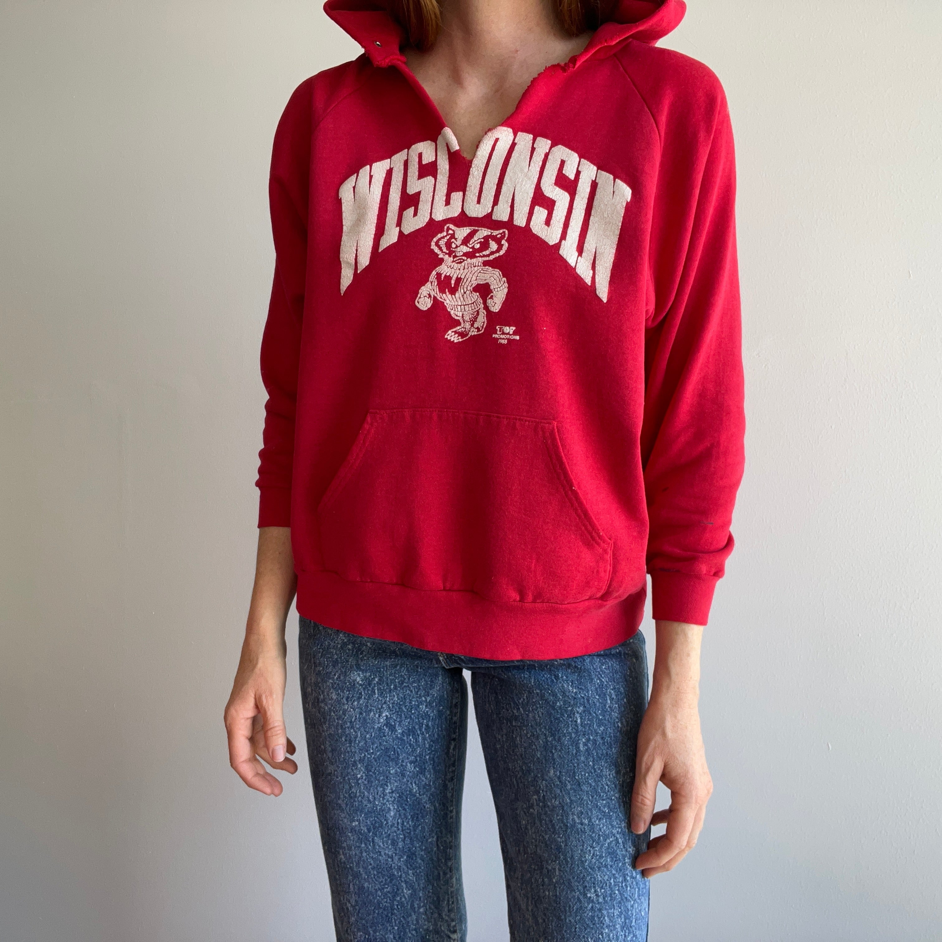 1988 Perfectly Worn Paint Stained and Thin Wisconsin Hoodie