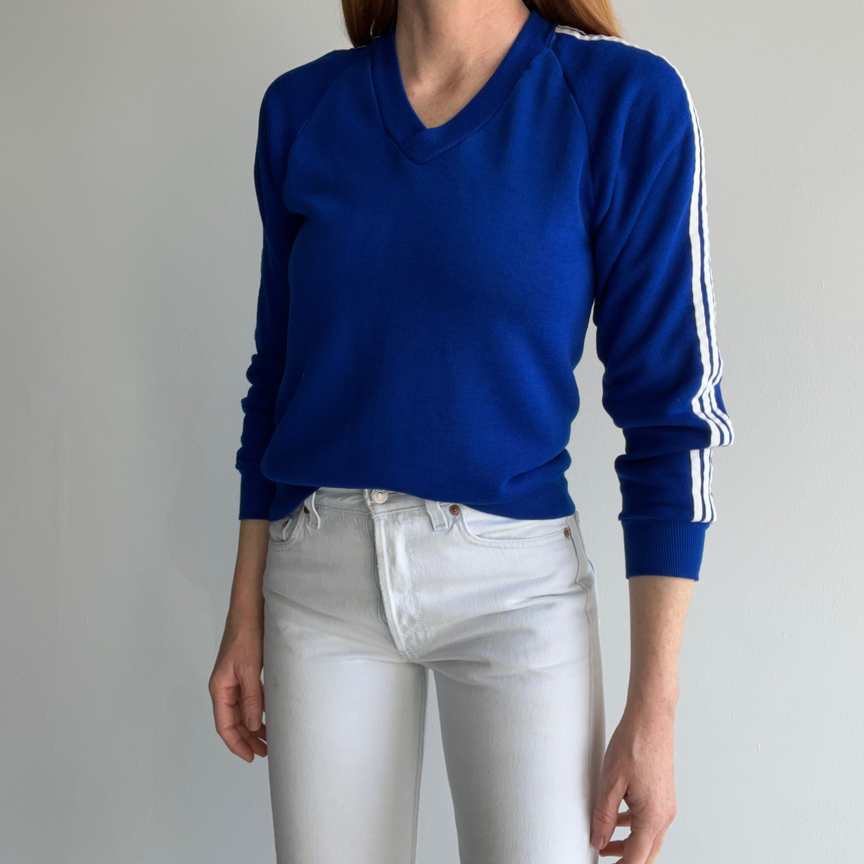 1970s Triple Stripe V-Neck Royal Blue by Sportswear Sweatshirt