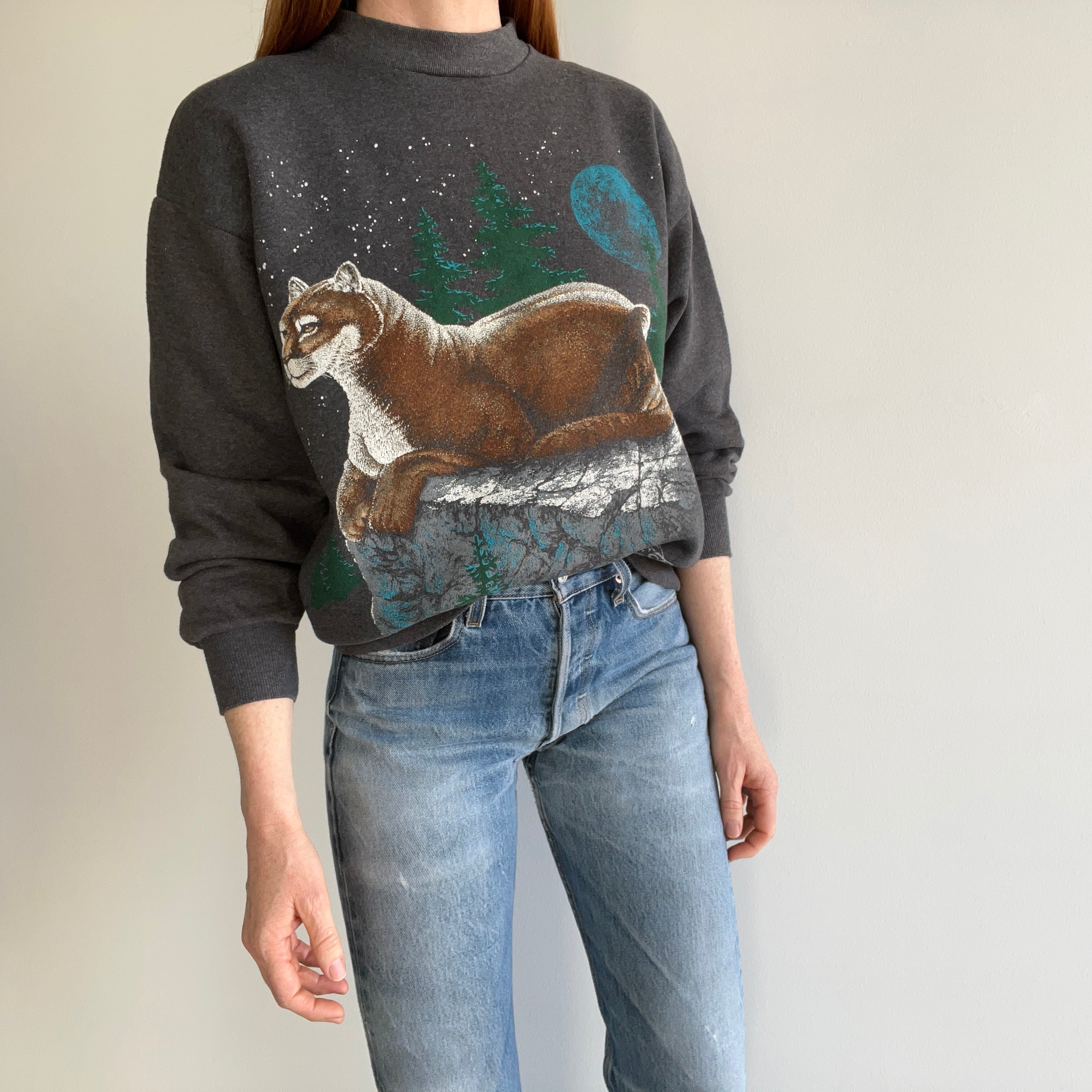 1980s Never (?) Worn Forest Trails Mountain Lion Mock Neck Fleecy Cozy Slouchy WOnderful Sweatshirt - Worth the Mouthful of a Title