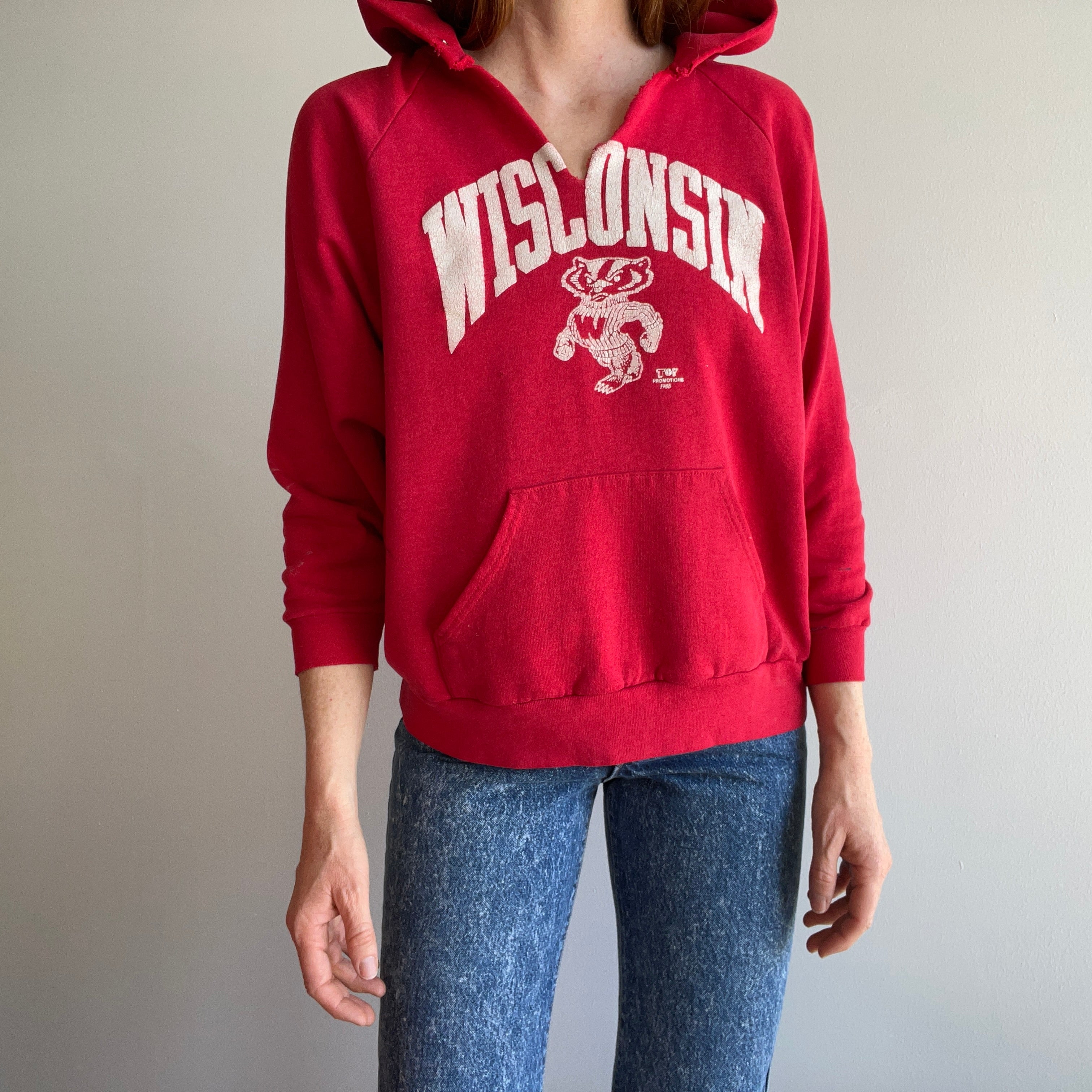 1988 Perfectly Worn Paint Stained and Thin Wisconsin Hoodie