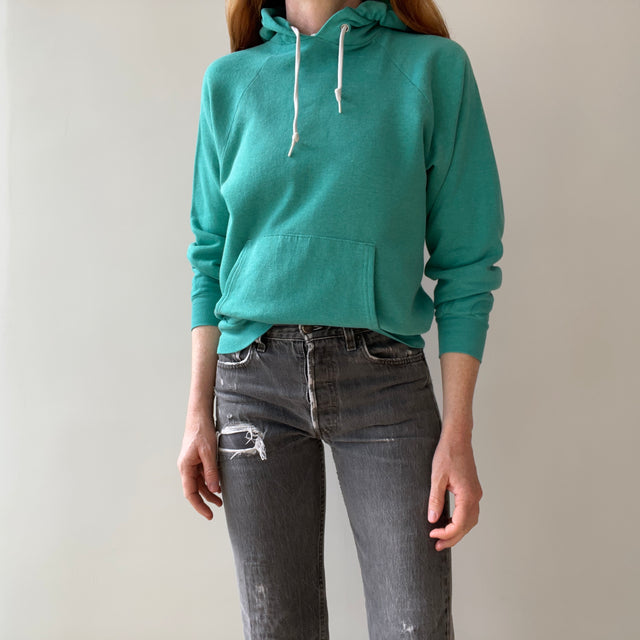 1980s Perfectly Worn and Faded Teal Pull Over Hoodie - !!!!