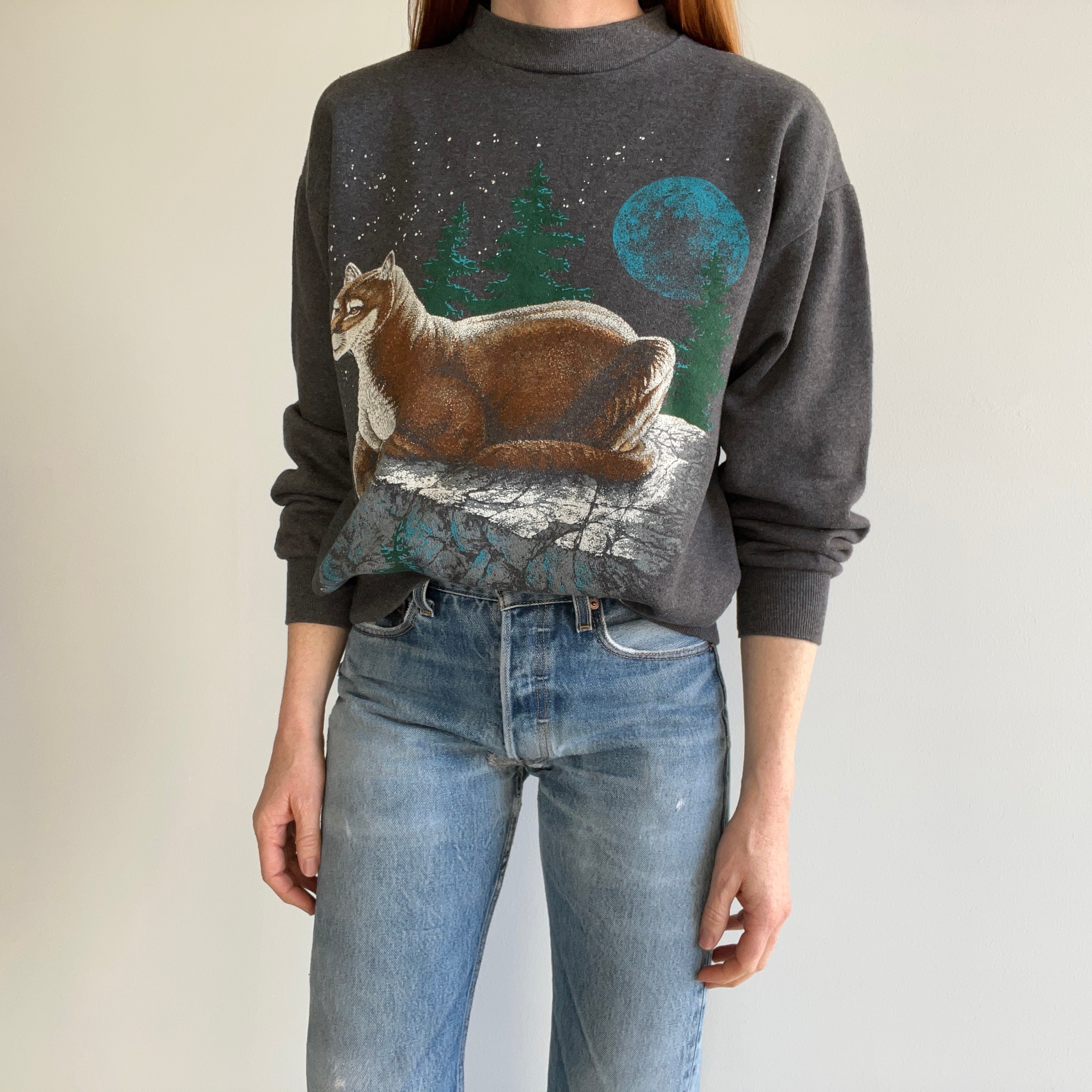 1980s Never (?) Worn Forest Trails Mountain Lion Mock Neck Fleecy Cozy Slouchy WOnderful Sweatshirt - Worth the Mouthful of a Title