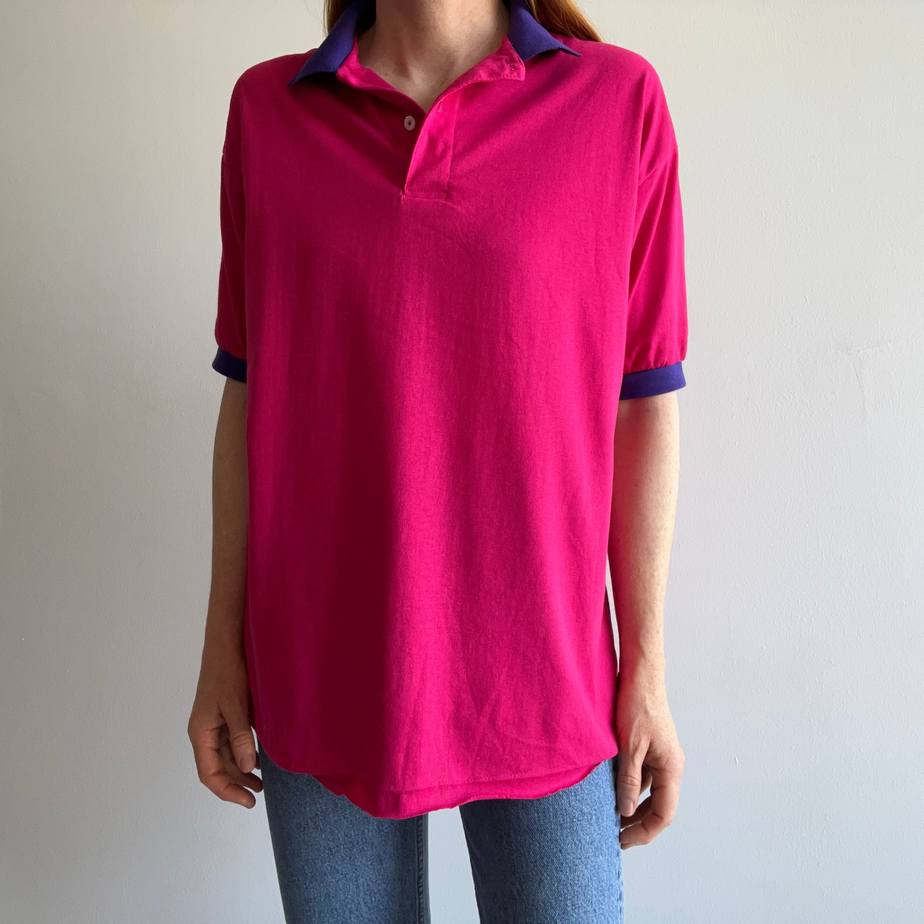 1990s Two Tone Pink and Purple Polo with the Hem Out T-Shirt