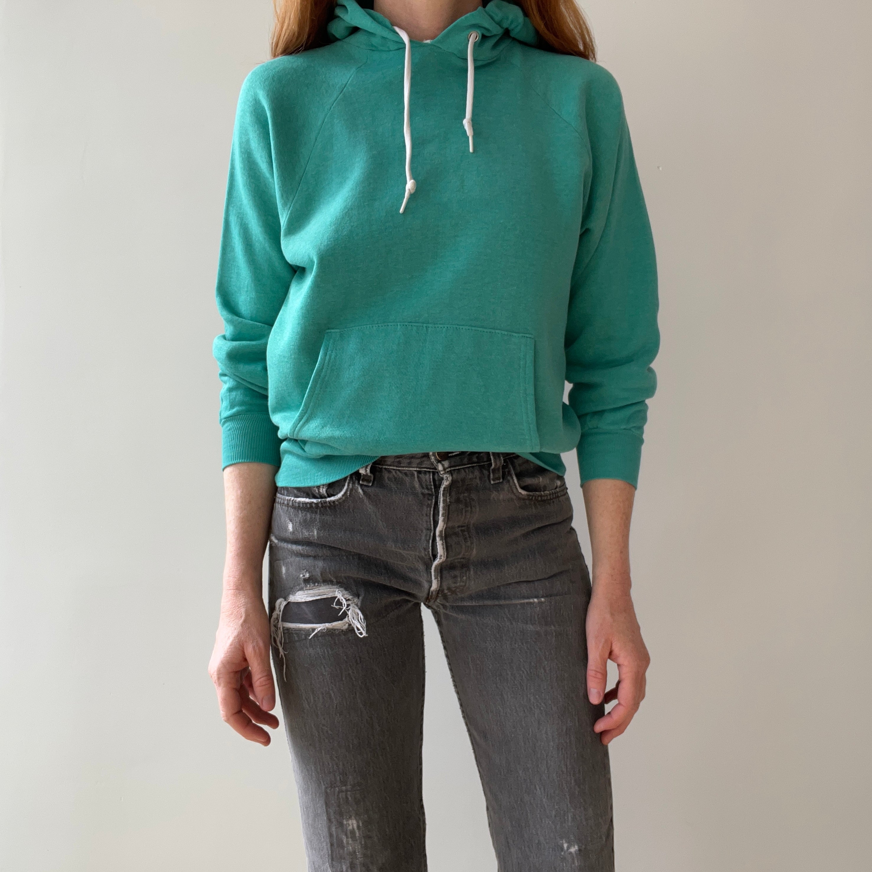 1980s Perfectly Worn and Faded Teal Pull Over Hoodie - !!!!