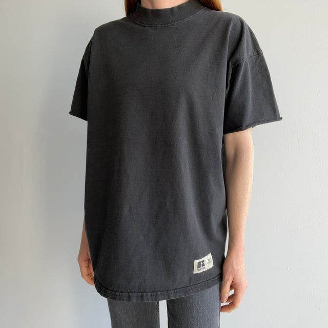 1980/90s Faded Blank Black Cotton T-Shirt with Cut Sleeves By Russell