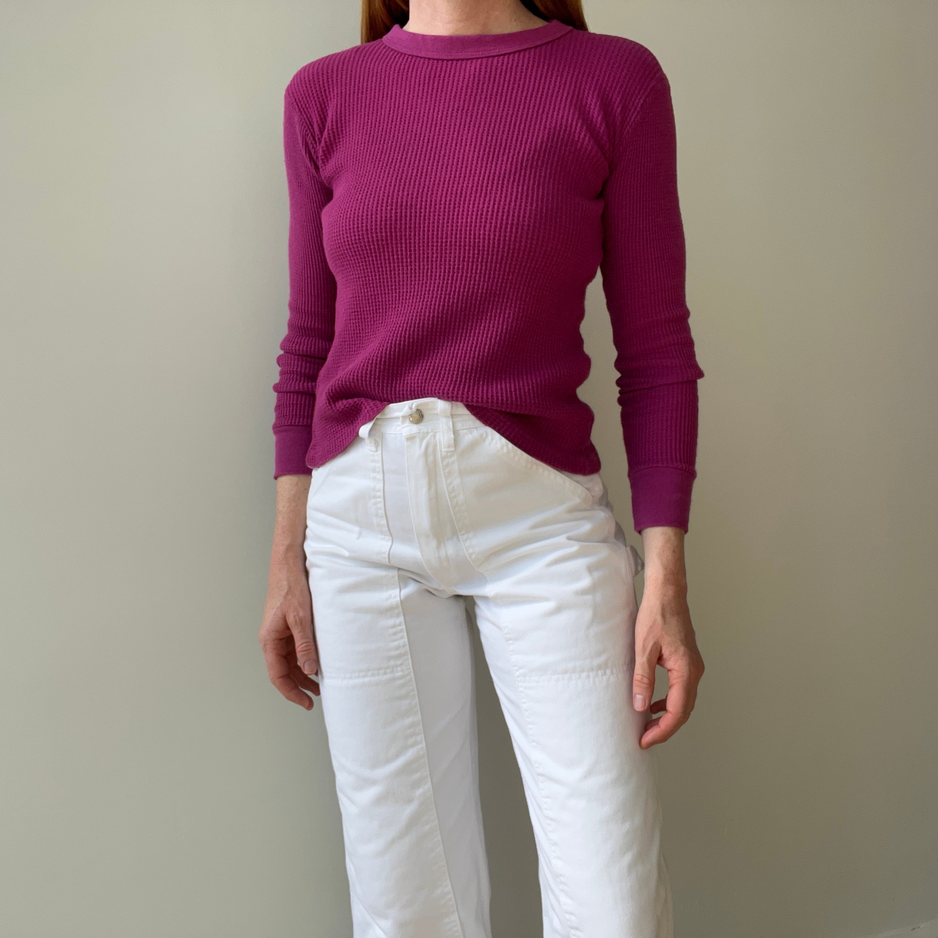 1970s Over Dyed Magenta Pink Cotton Waffle Knit Thermal