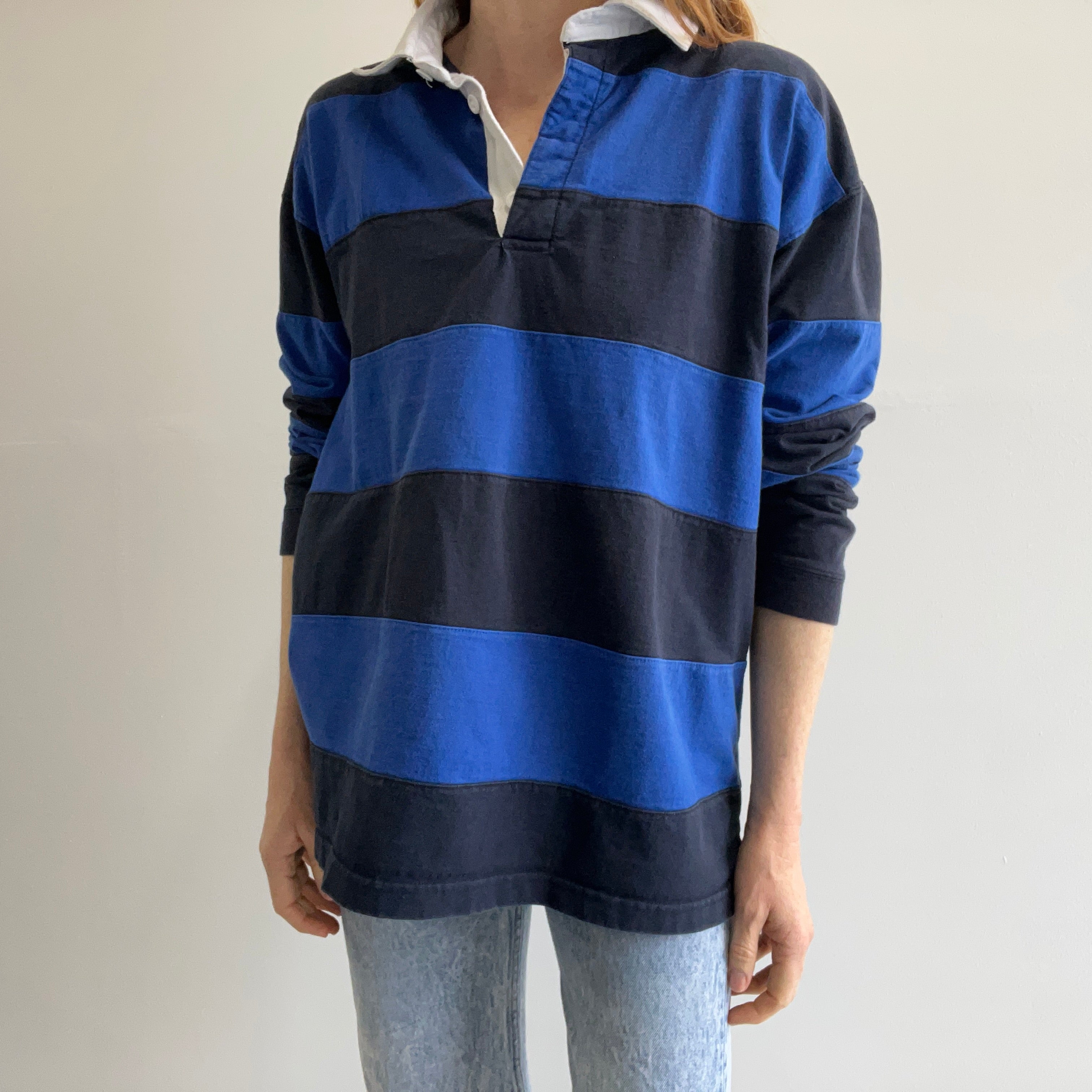 1990s Dark and Not So Dark Blue Striped Rugby Shirt