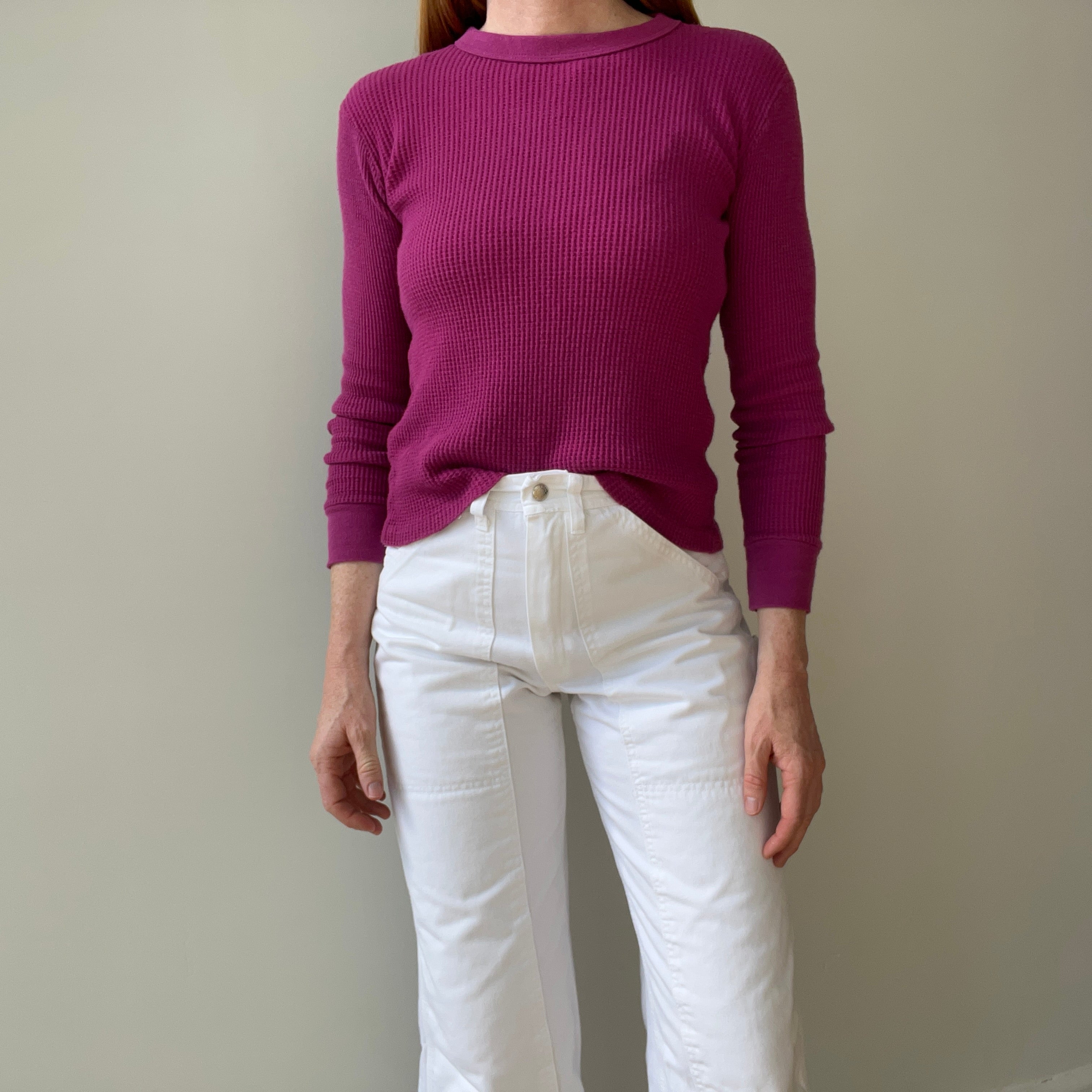 1970s Over Dyed Magenta Pink Cotton Waffle Knit Thermal