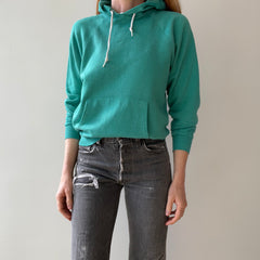 1980s Perfectly Worn and Faded Teal Pull Over Hoodie - !!!!