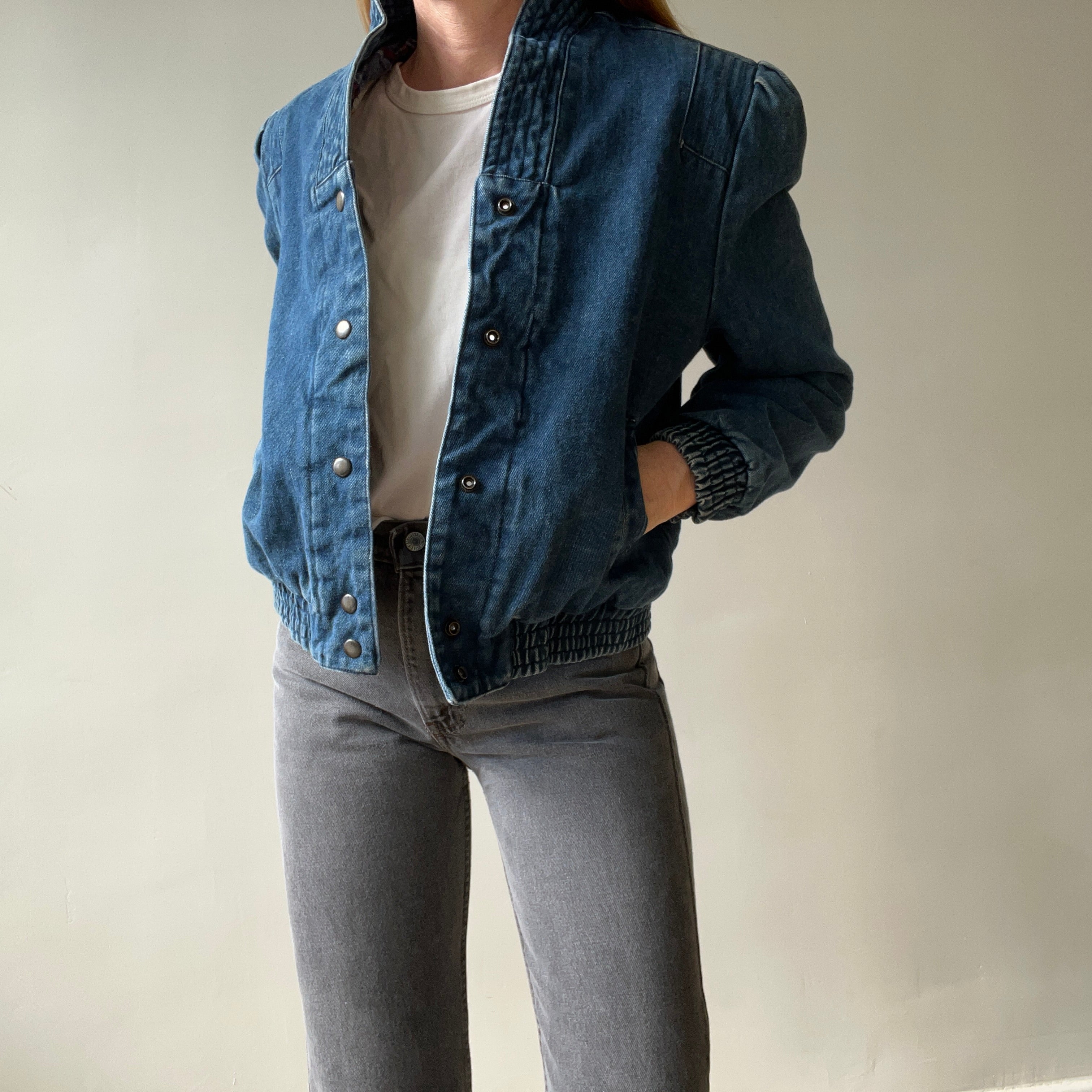 1980s Lined Snap Shawl Collar Denim Jean Jacket - Amazing Cut and Flannel Lined!