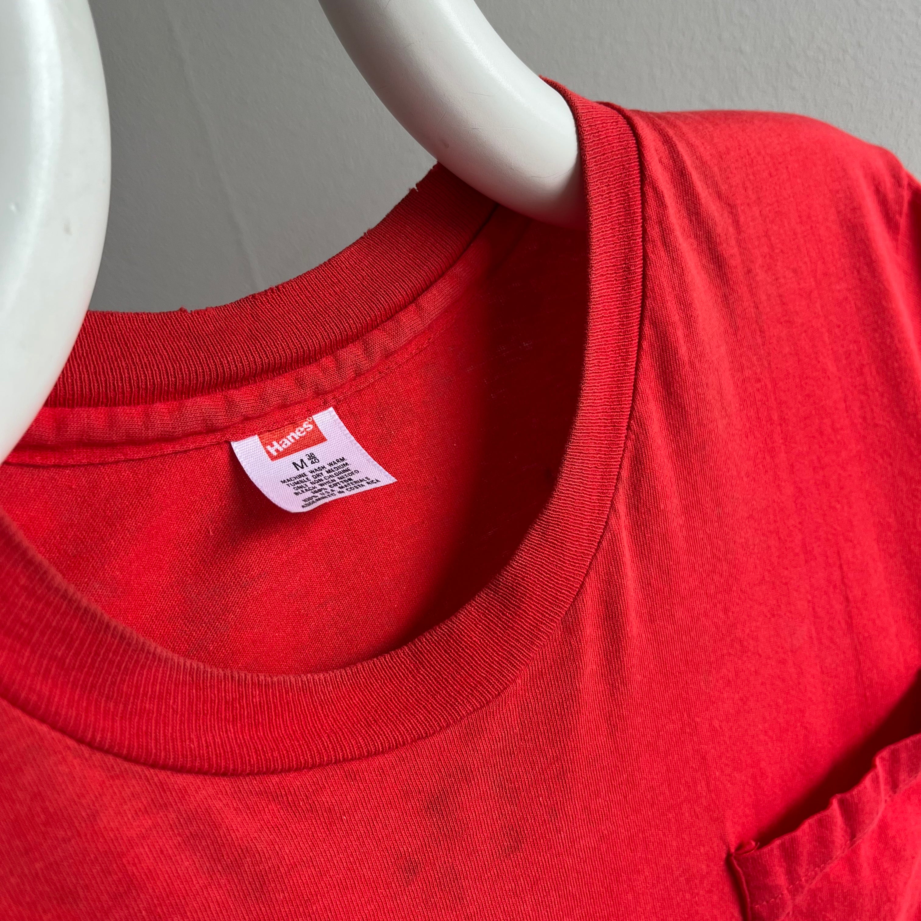 1980s Nicely Stained and Beat Up Early 80s Blank Red Pocket T-Shirt