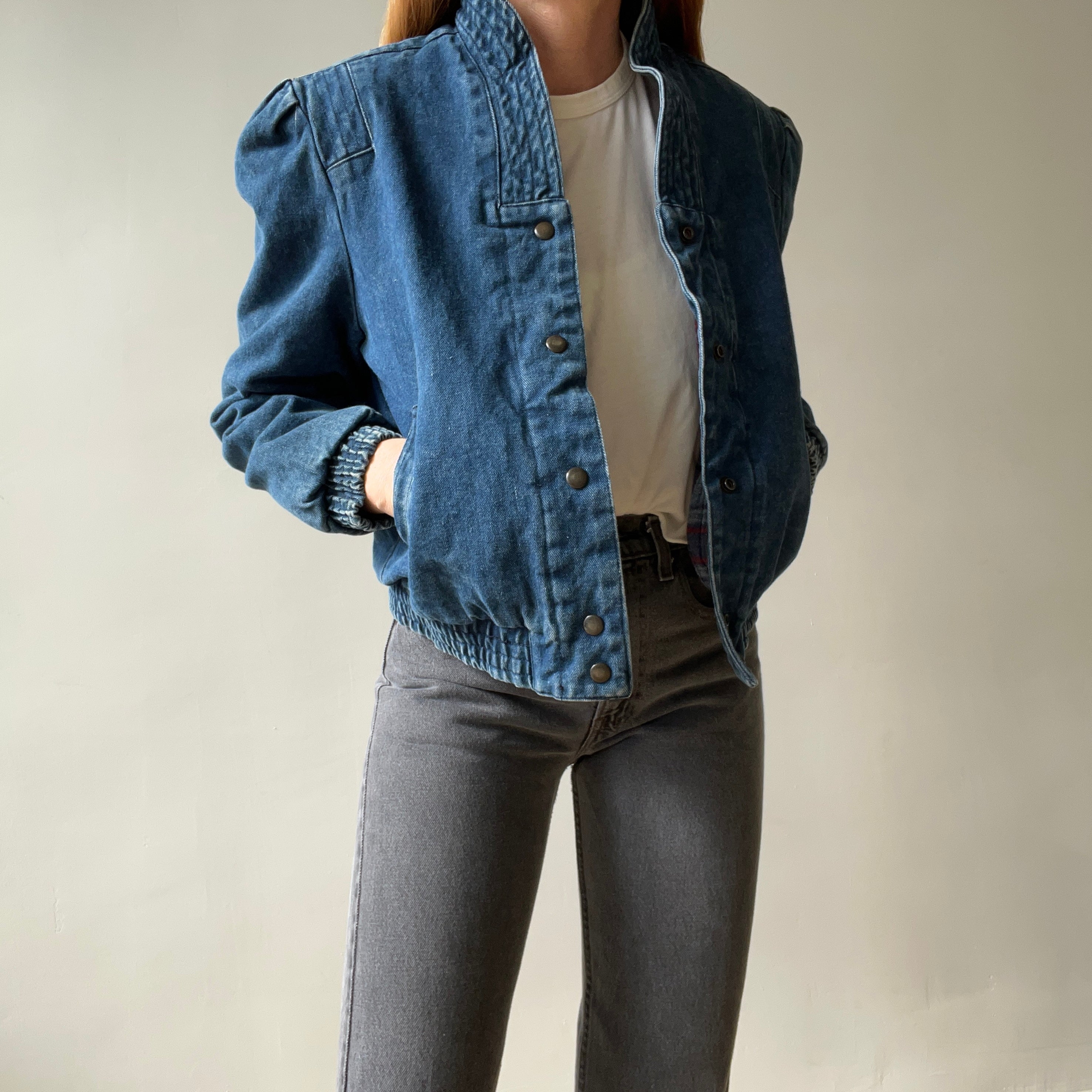 1980s Lined Snap Shawl Collar Denim Jean Jacket - Amazing Cut and Flannel Lined!