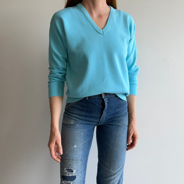 1980s Pannill Aqua V-Neck Sweatshirt with Staining