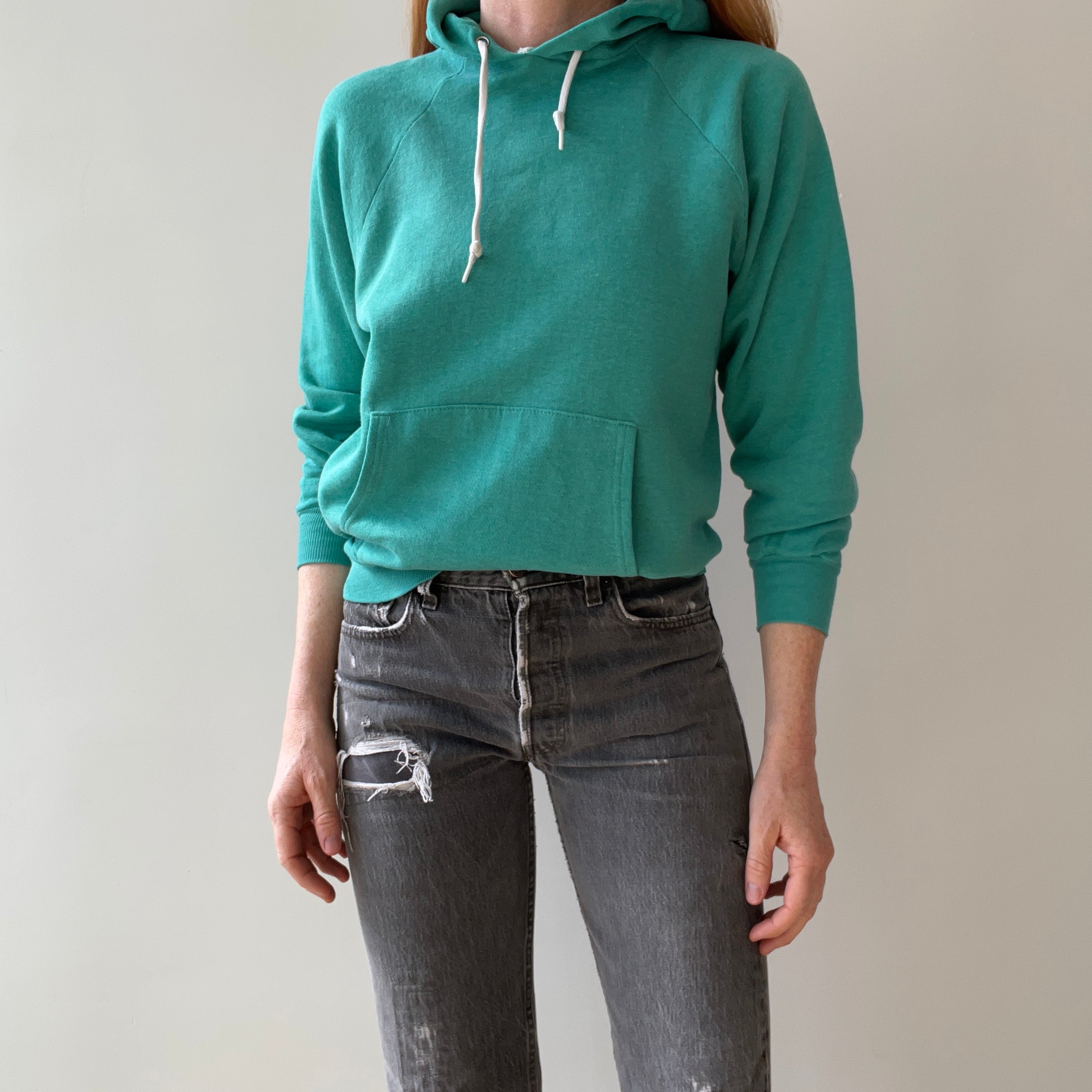 1980s Perfectly Worn and Faded Teal Pull Over Hoodie - !!!!