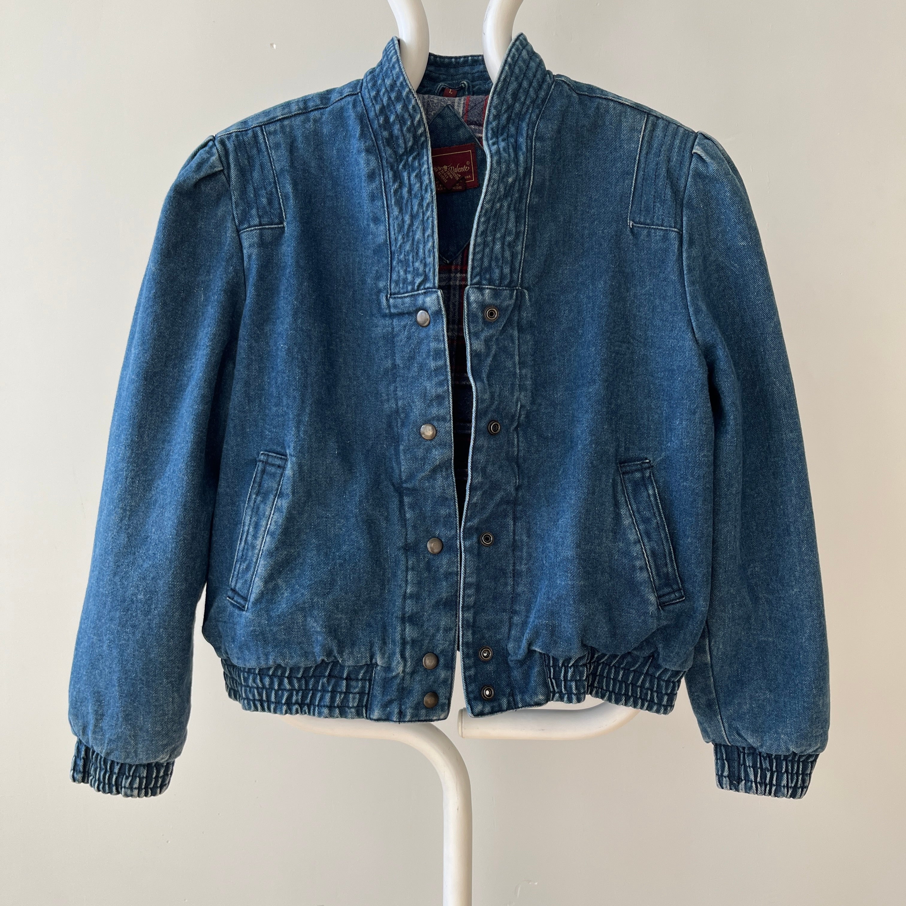 1980s Lined Snap Shawl Collar Denim Jean Jacket - Amazing Cut and Flannel Lined!