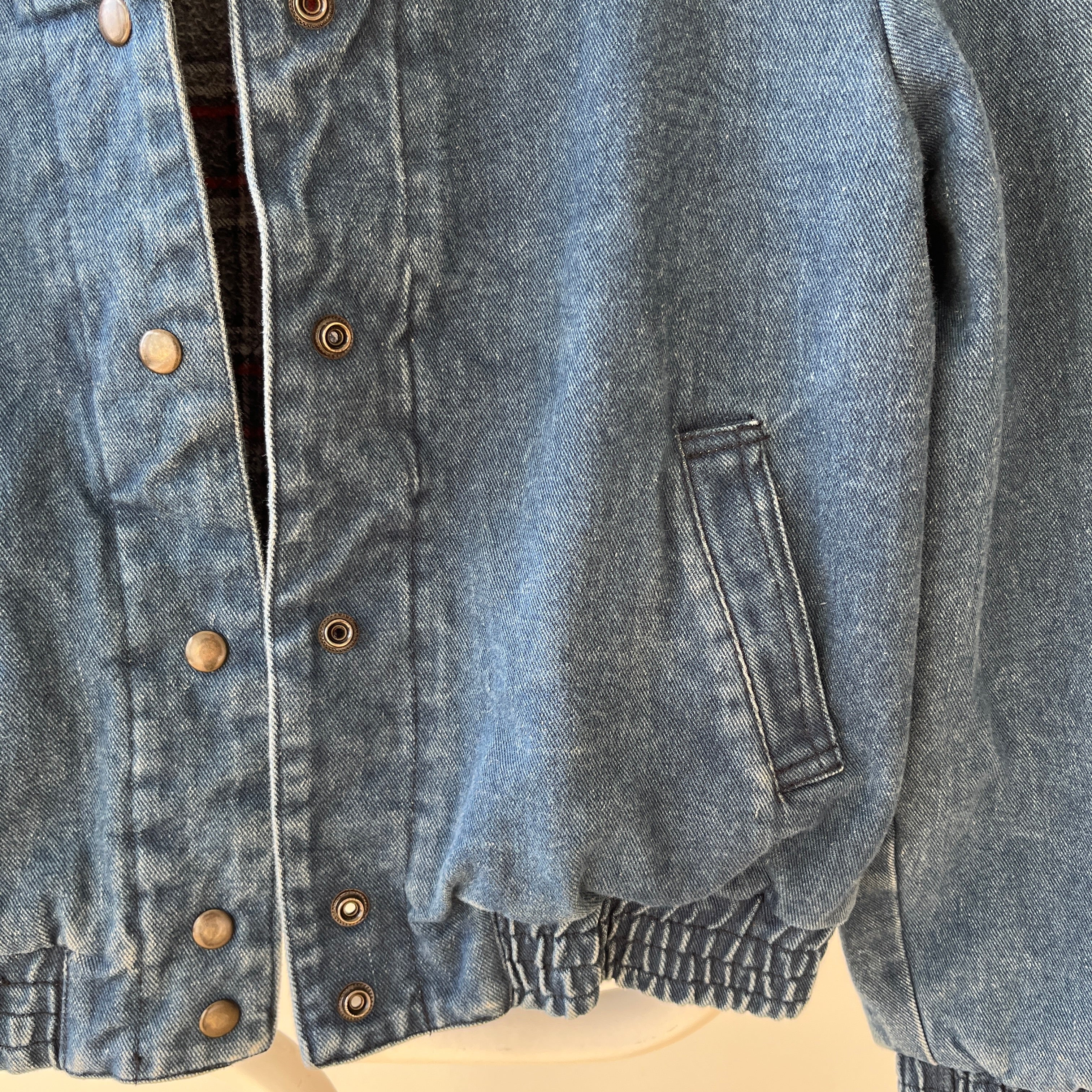 1980s Lined Snap Shawl Collar Denim Jean Jacket - Amazing Cut and Flannel Lined!