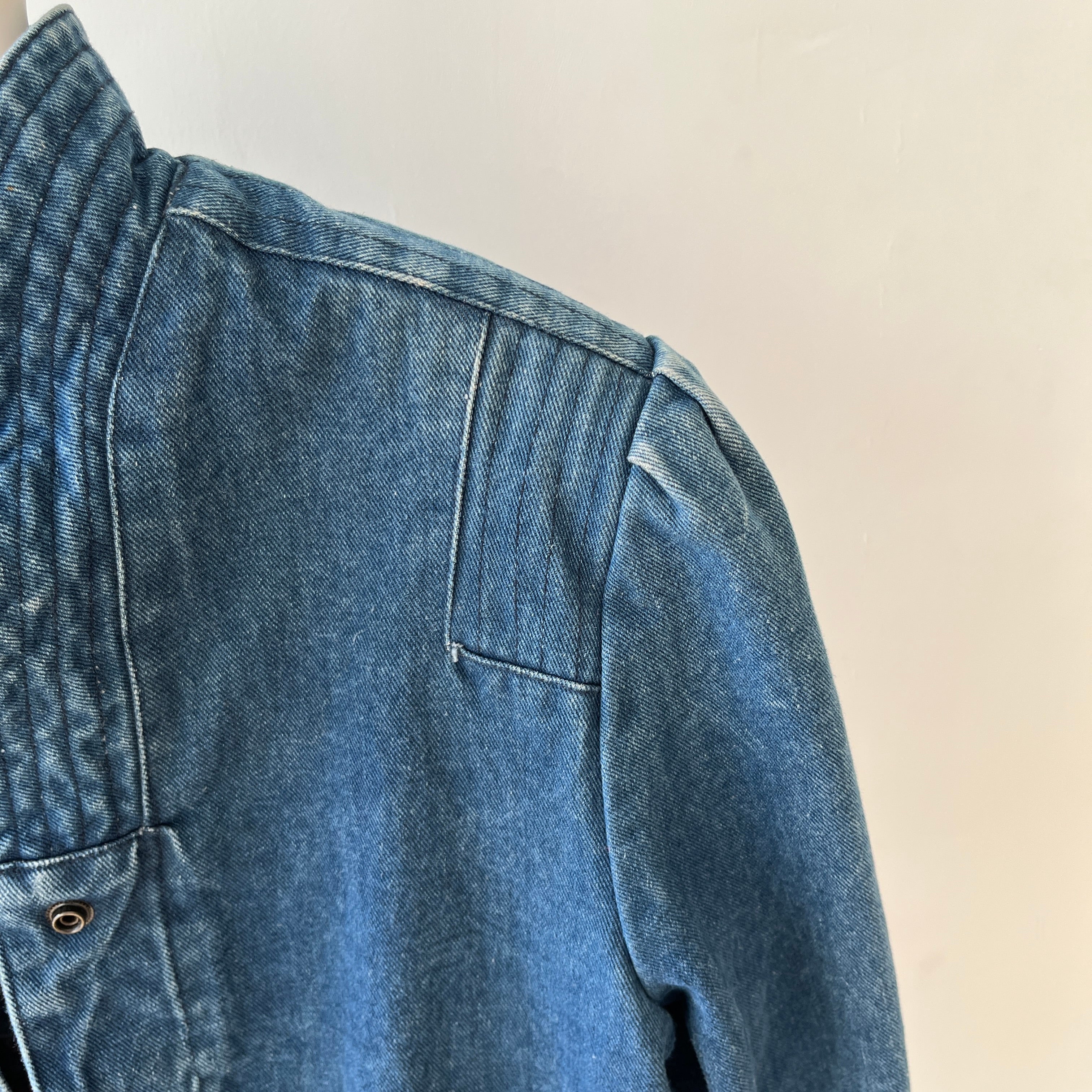 1980s Lined Snap Shawl Collar Denim Jean Jacket - Amazing Cut and Flannel Lined!