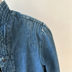 1980s Lined Snap Shawl Collar Denim Jean Jacket - Amazing Cut and Flannel Lined!