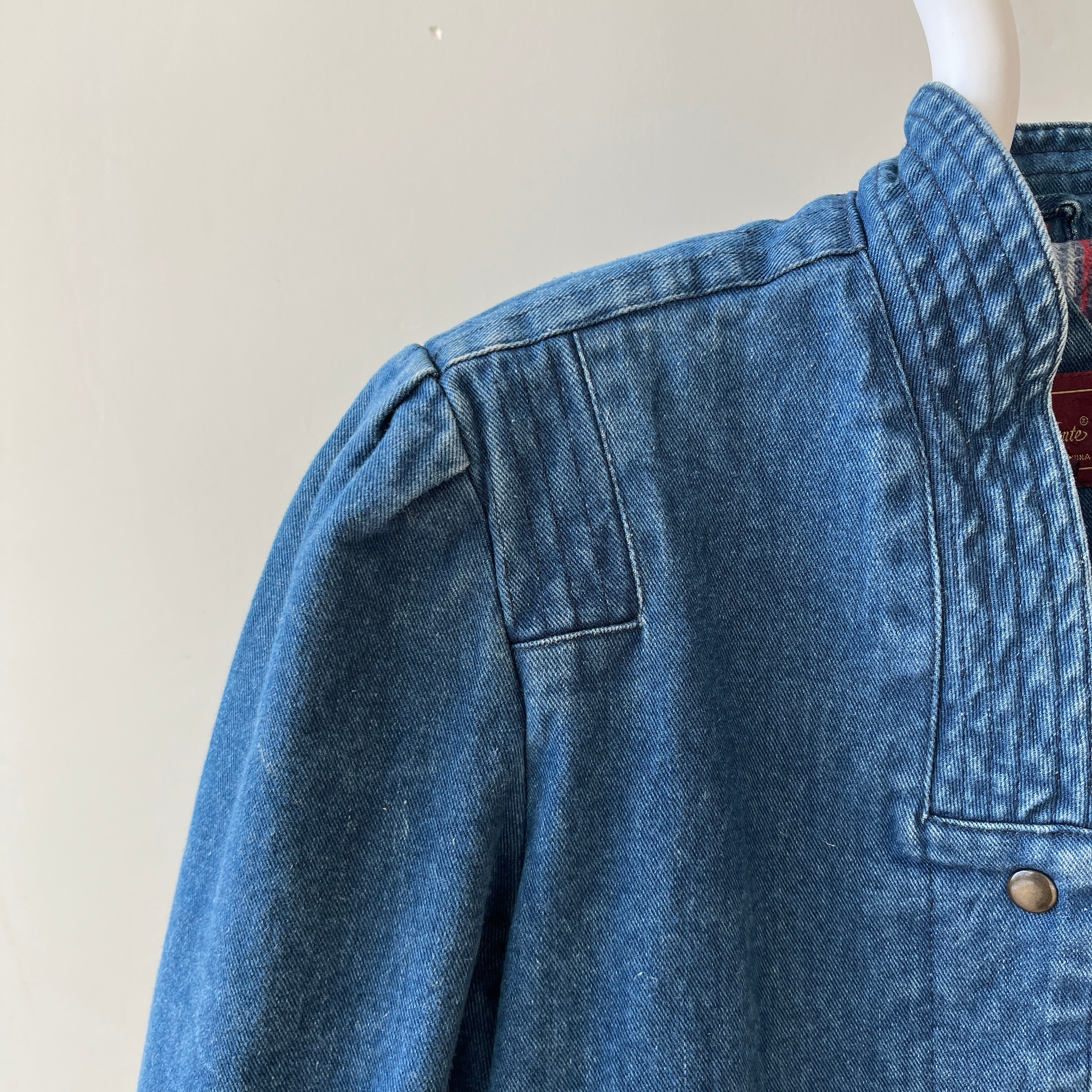 1980s Lined Snap Shawl Collar Denim Jean Jacket - Amazing Cut and Flannel Lined!