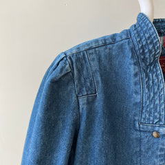 1980s Lined Snap Shawl Collar Denim Jean Jacket - Amazing Cut and Flannel Lined!