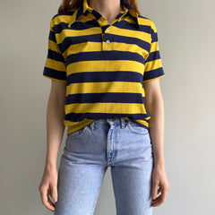 1970s Yellow and Navy Cotton/Poly Striped Polo Shirt with Stains