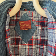 1980s Lined Snap Shawl Collar Denim Jean Jacket - Amazing Cut and Flannel Lined!