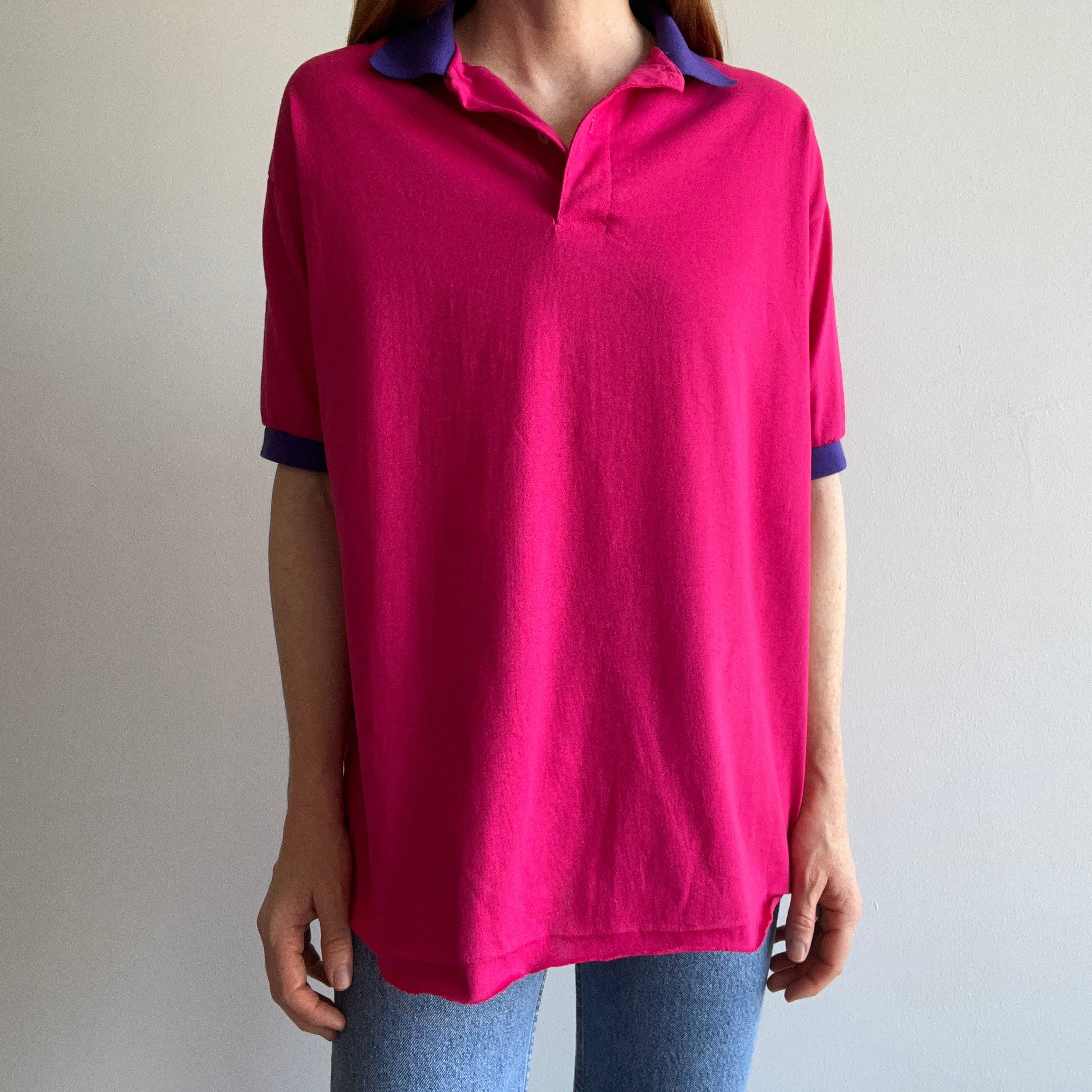 1990s Two Tone Pink and Purple Polo with the Hem Out T-Shirt