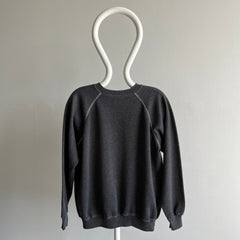 1980s Re Dyded Deep Gray Hanes Her Way Raglan Sweatshirt with White Contrast Stitching.