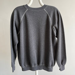 1980s Re Dyded Deep Gray Hanes Her Way Raglan Sweatshirt with White Contrast Stitching.