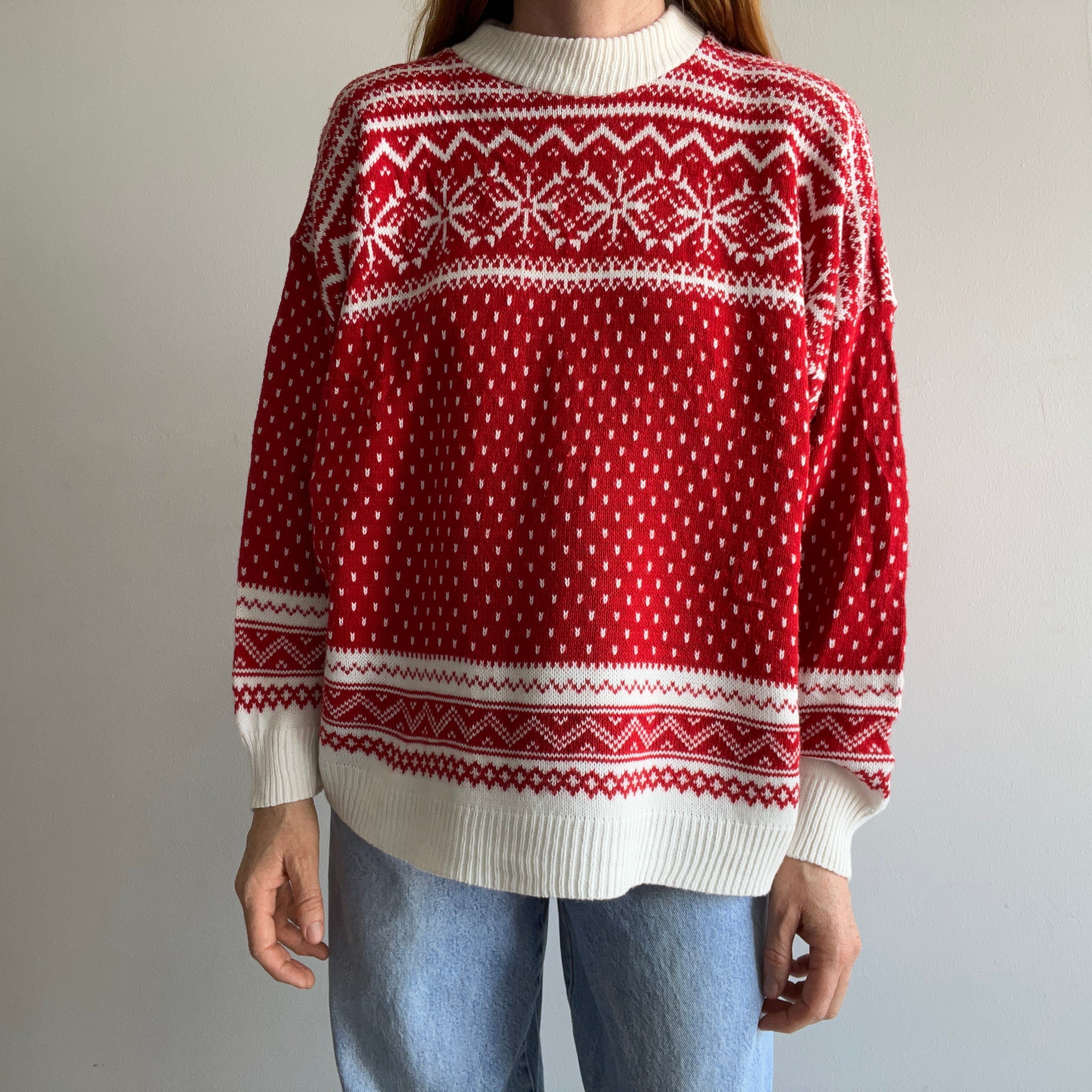 1980s Acrylic Red and White Snow Flake Sweater