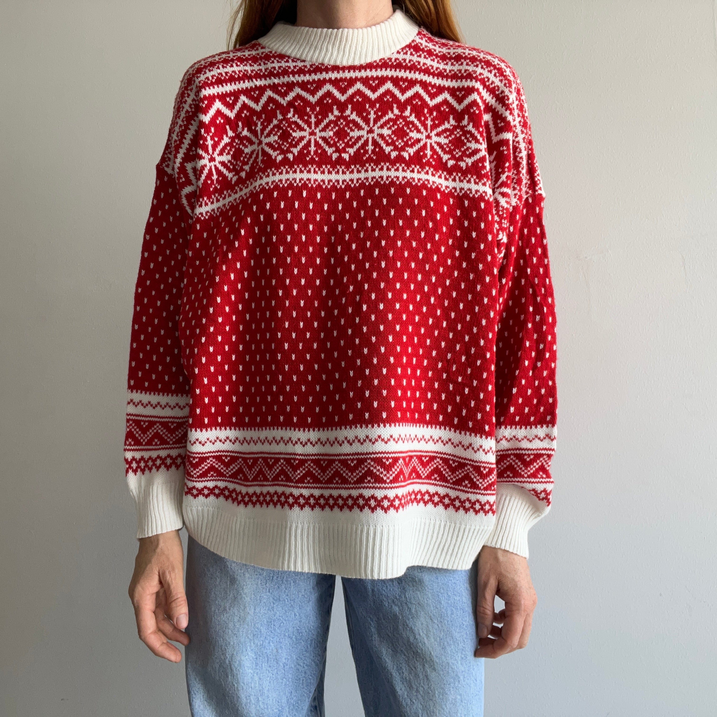 1980s Acrylic Red and White Snow Flake Sweater